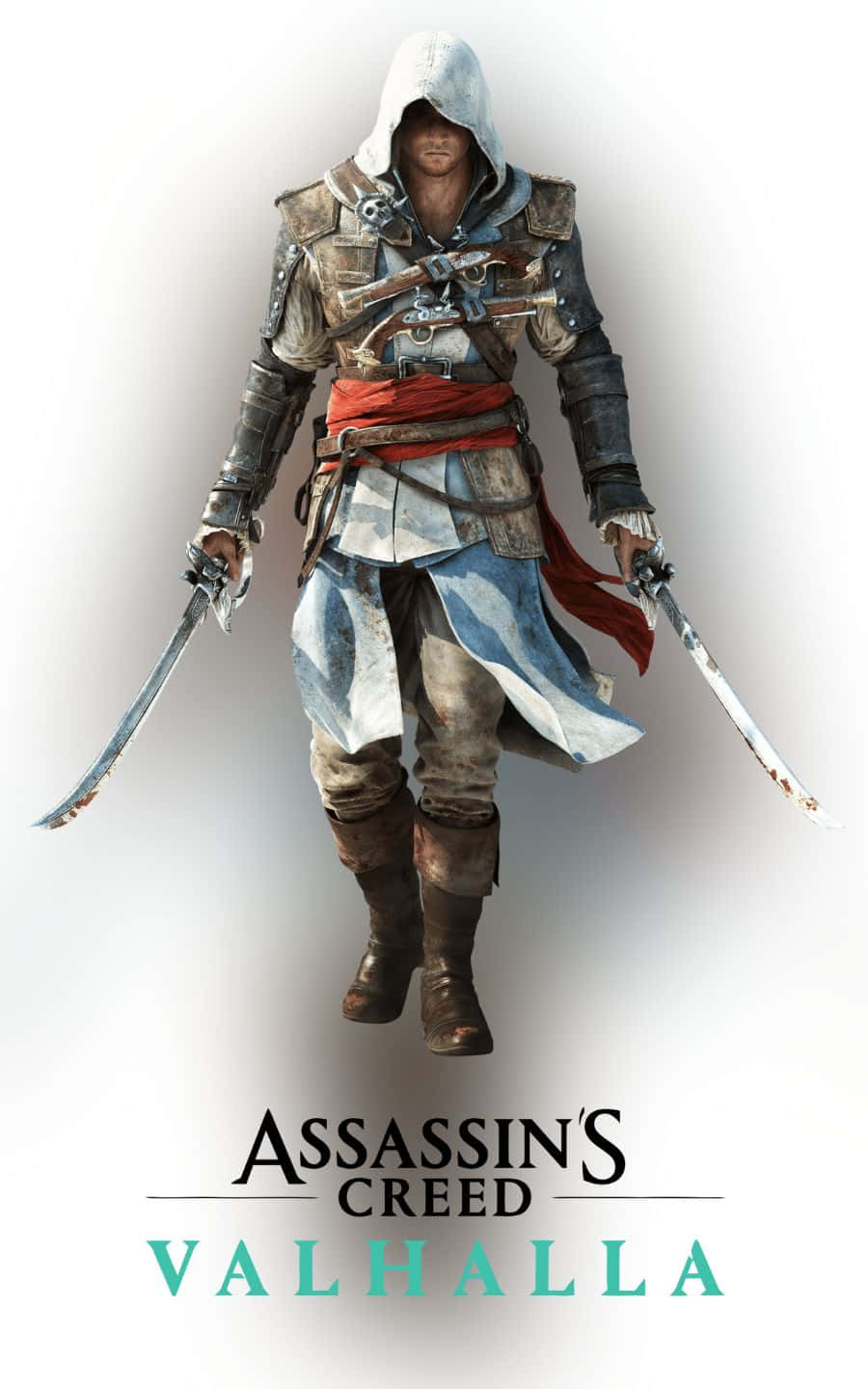 character design 桌布 壁紙 — 一個戴著頭巾的刺客穿著精細的盔甲，在白色背景上手持兩把劍，下方有遊戲標題文字。