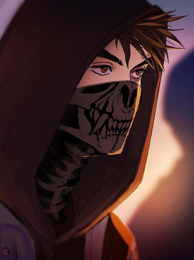 動漫男孩 桌布 壁紙 — 一個戴著頭巾的動漫角色，戴著骷髏面具和發光的紅色眼睛，在溫暖發光的背景下強烈凝視。