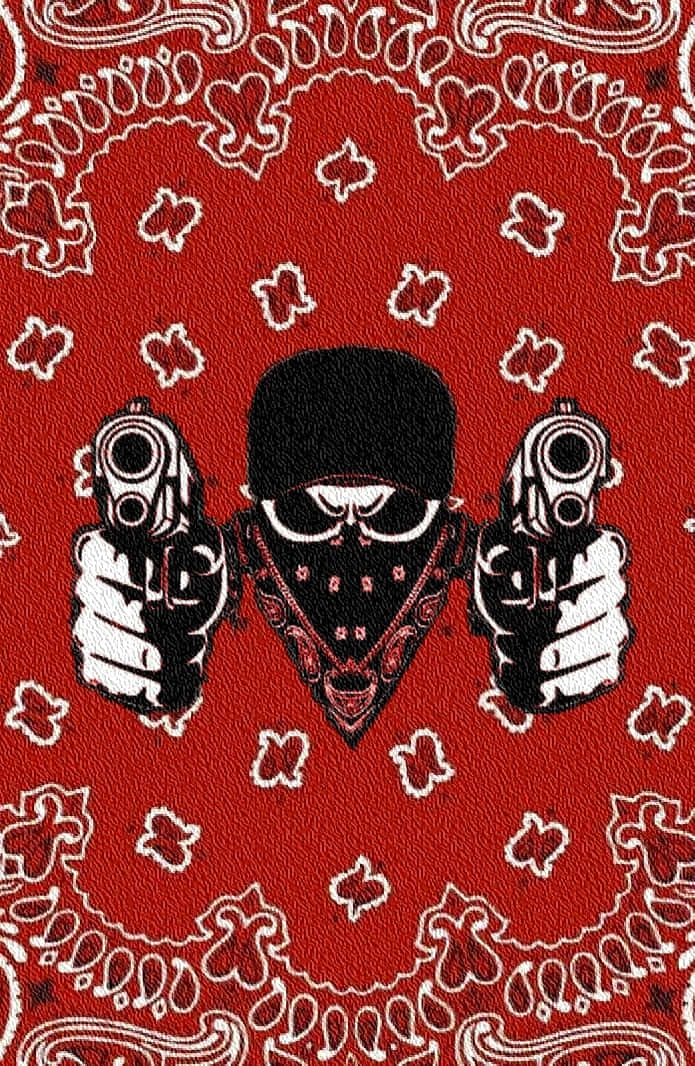 Blood Gang 桌布 壁紙 — 一個戴著頭巾的面具人物，雙手握著兩把手槍指向前方，背景為紅色佩斯利花紋。