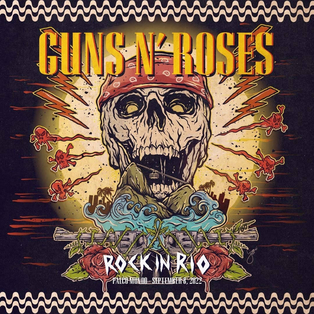 Guns N' Roses 演唱會海報， featuring 一個戴著頭巾和玫瑰的頭骨。 — 骷髏頭動圖 壁紙