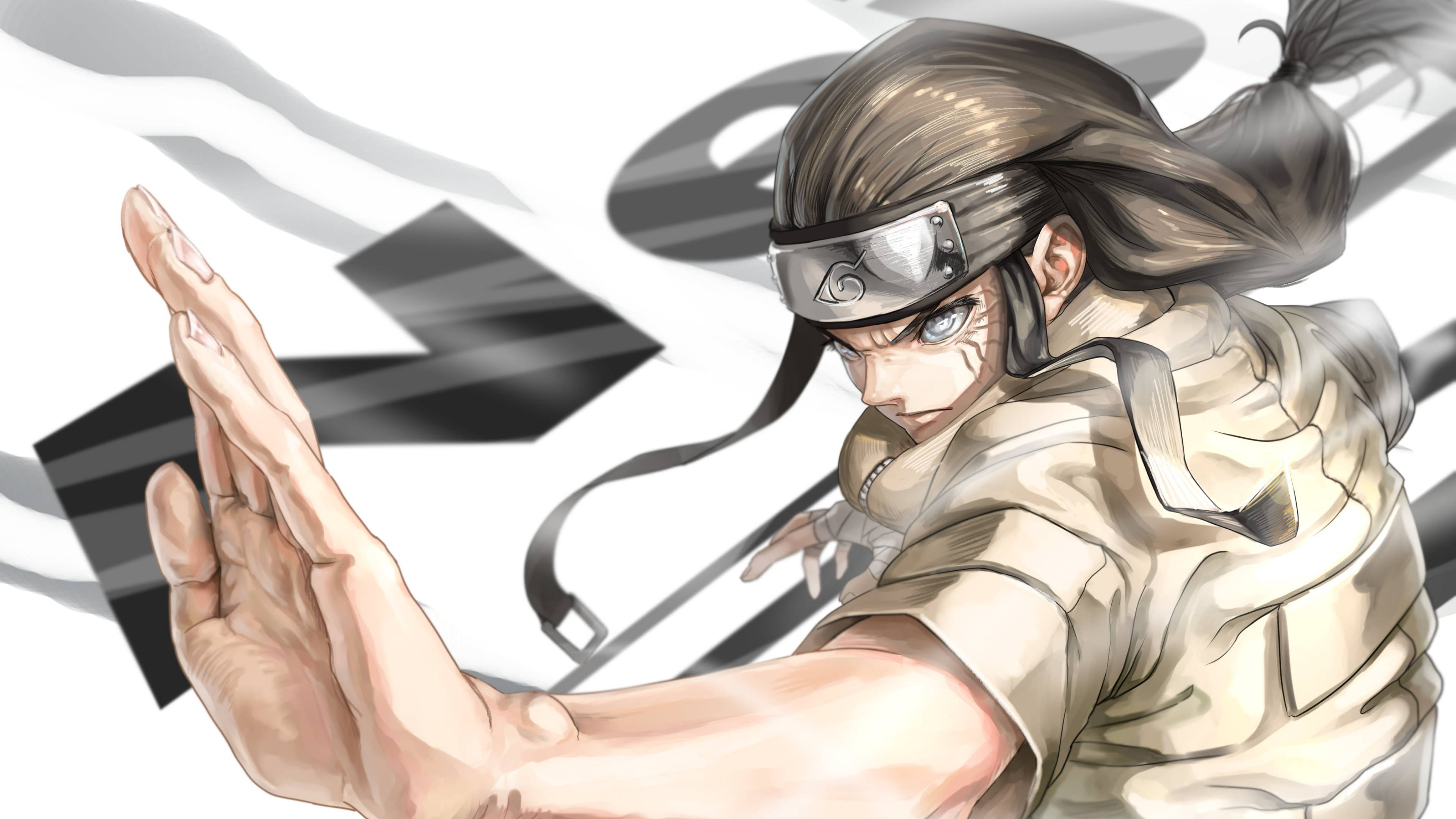 Neji 桌布 壁紙 — 一個戴著頭帶、表情堅定的動漫忍者，在動態黑白背景前伸出手。