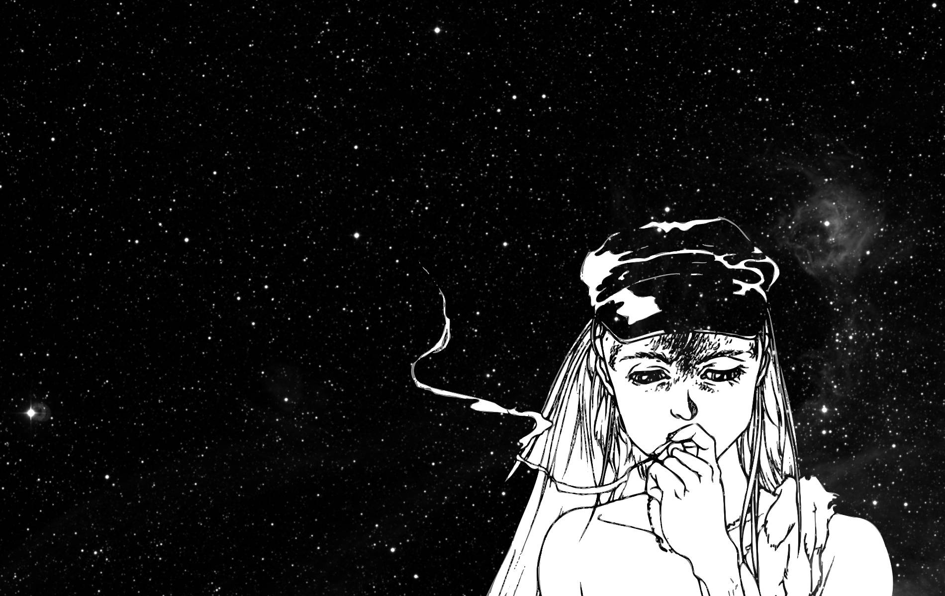 動漫女孩在星空下抽煙 — 迷幻暗黑美學 壁紙