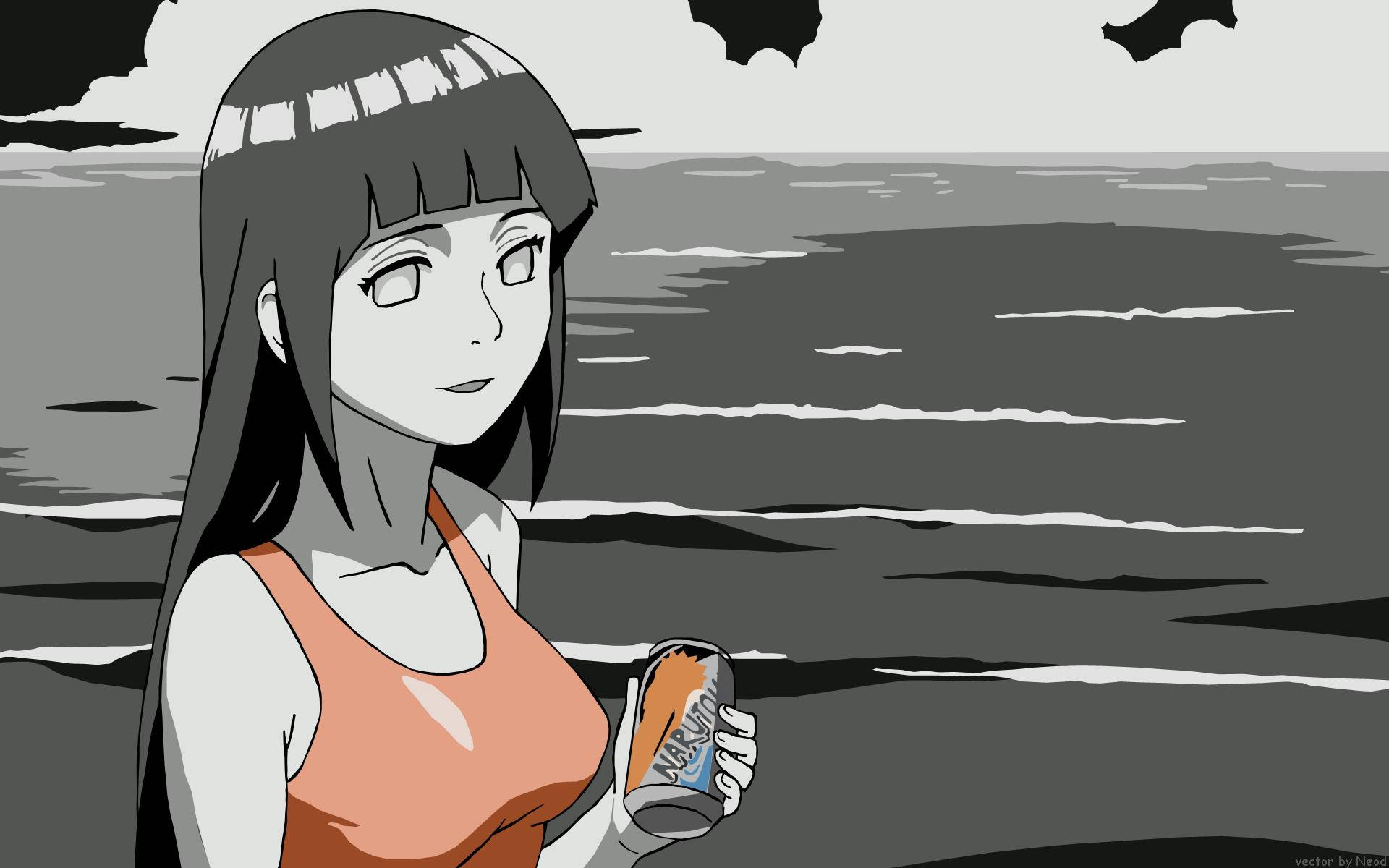 Hinata Hyuga 桌布 壁紙 — 一個戴著頭帶的黑白動畫女孩在風格化的海洋附近，在陰天天空下拿著一罐汽水。