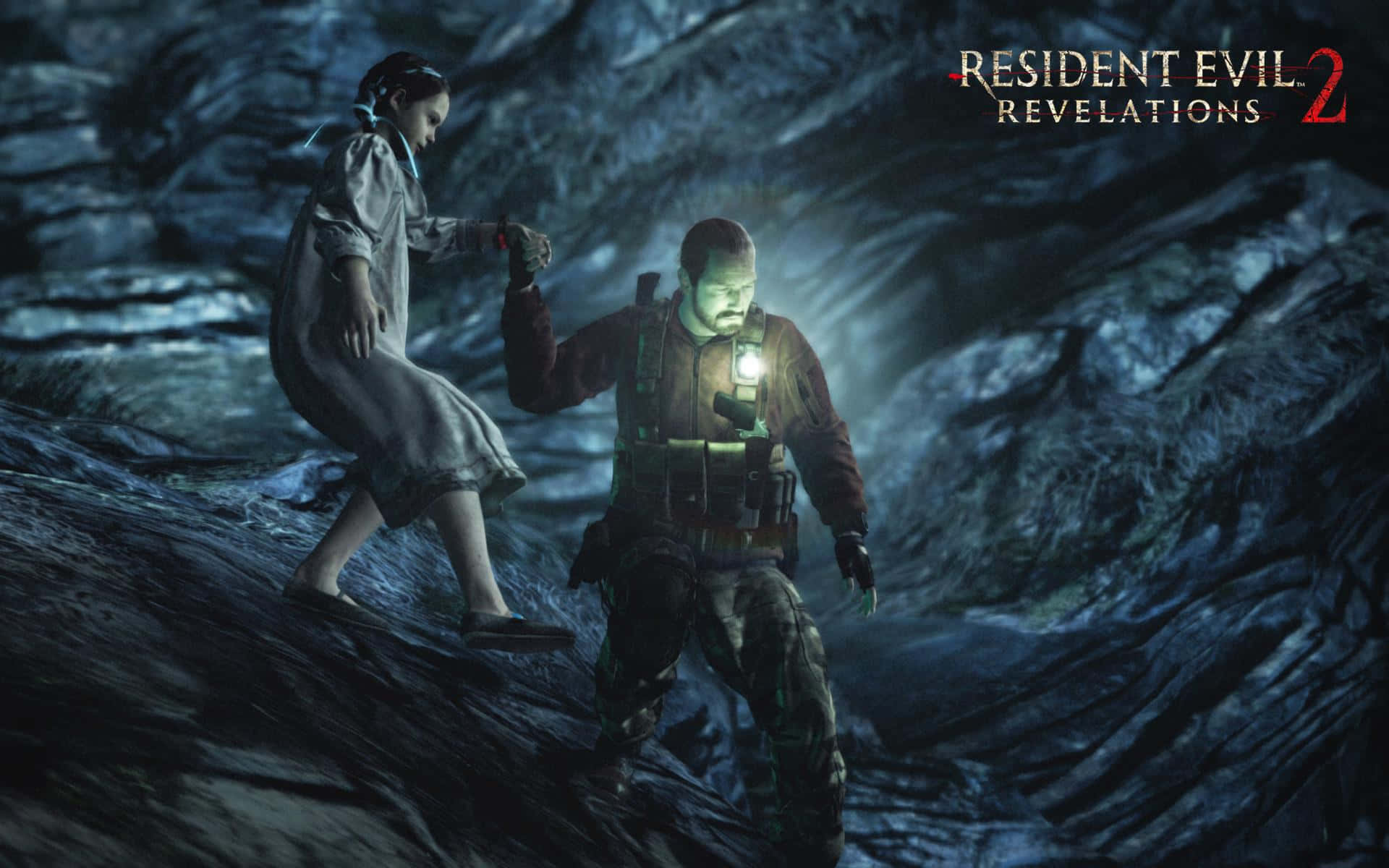 Resident Evil Revelations 2 桌布 壁紙 — 一個戴著頭燈的男人帶領一個女孩穿過黑暗的岩石洞穴，這是《惡靈古堡：啟示錄2》中緊張的生存時刻。
