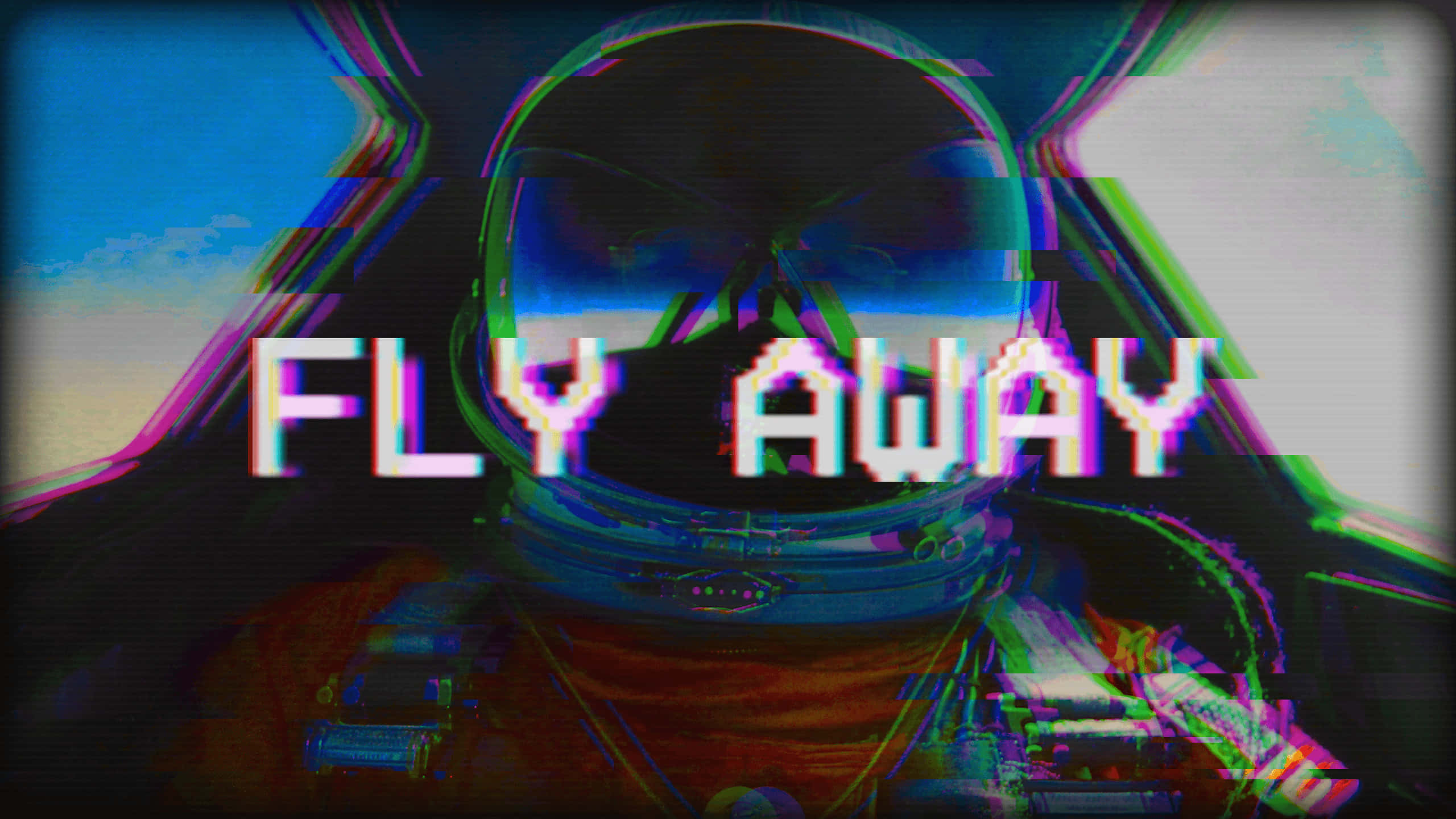 80s Vaporwave 桌布 壁紙 — 一個戴著頭盔、帶有故障效果的太空人，頭盔上疊加著「FLY AWAY」文字，背景是扭曲的天空。