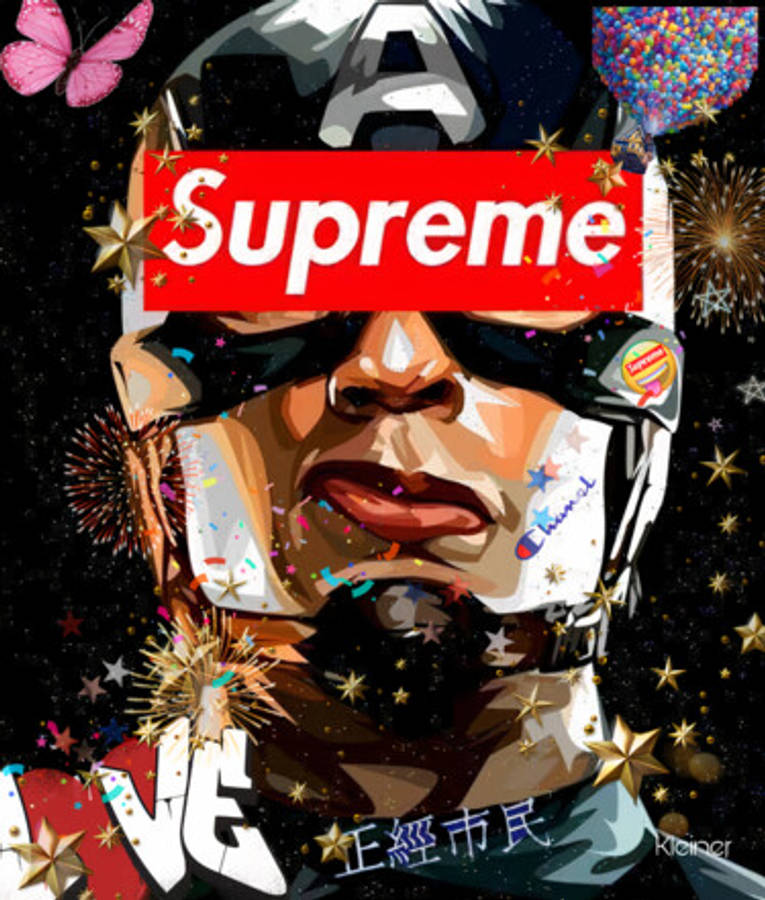 superhero supreme 桌布 壁紙 — 一個戴著頭盔、帶有紅色Supreme標誌的人物風格化肖像，背景是星空、煙火和蝴蝶。
