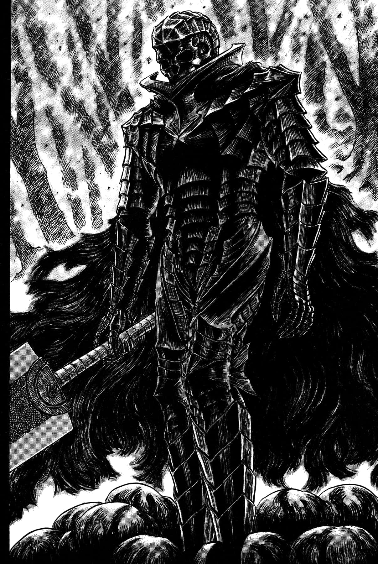 Berserk Manga 桌布 壁紙 — 一個戴著頭盔、手持劍的 towering 裝甲戰士，站在 swirling 的 dark 雲和煙霧中。