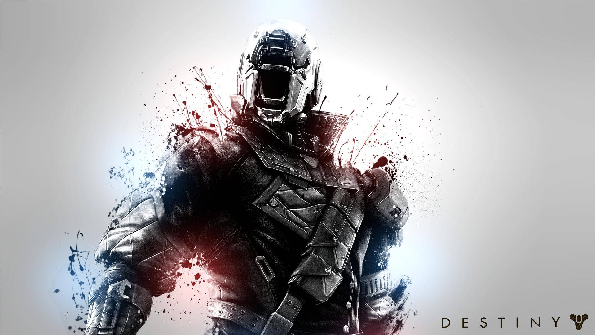 destiny 4K 桌布 壁紙 — 一個戴著頭盔、眼睛發光的未來裝甲戰士，從白色背景上動態的紅色和藍色油漆飛濺中衝出。