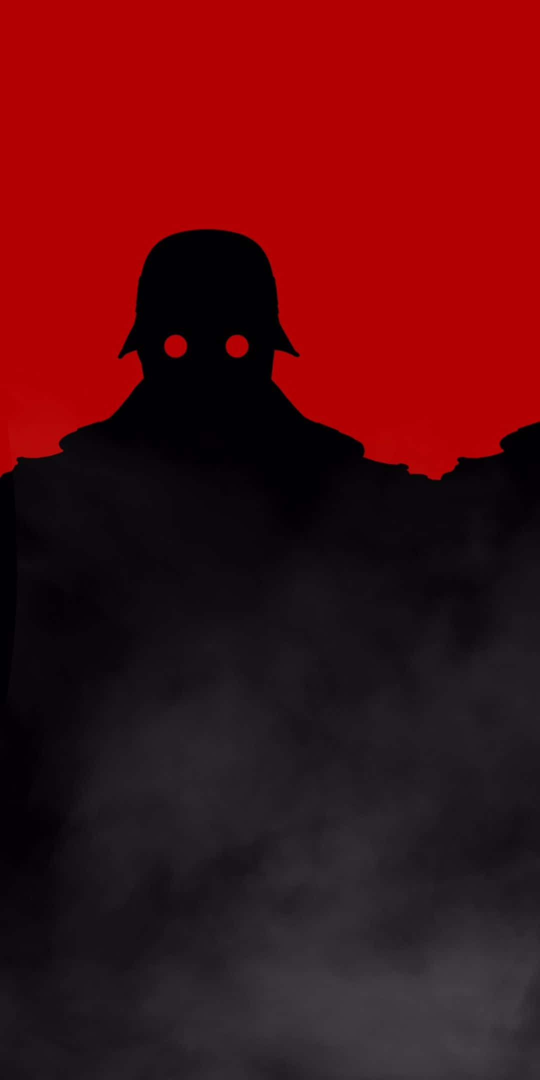 Pixel 3 Wolfenstein Ii 桌布 壁紙 — 一個戴著頭盔、眼睛發出紅光的士兵，其鮮明的剪影從黑煙中浮現，背景是鮮紅色。