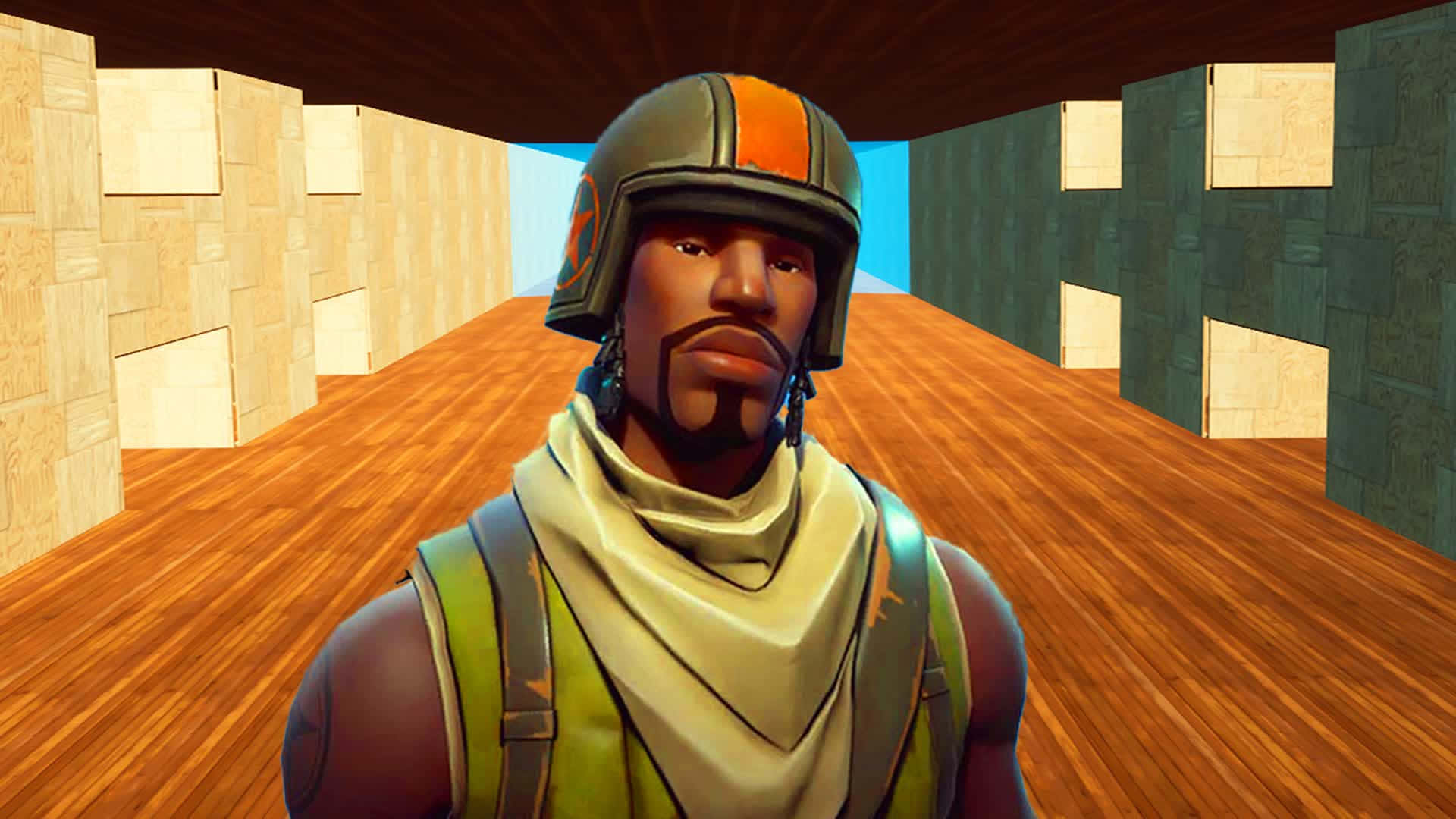 Aerial Assault Trooper 桌布 壁紙 — 一個戴著頭盔和圍巾的Fortnite角色站在一個木製走廊中，走廊有方塊牆壁，透過開口可見藍天。