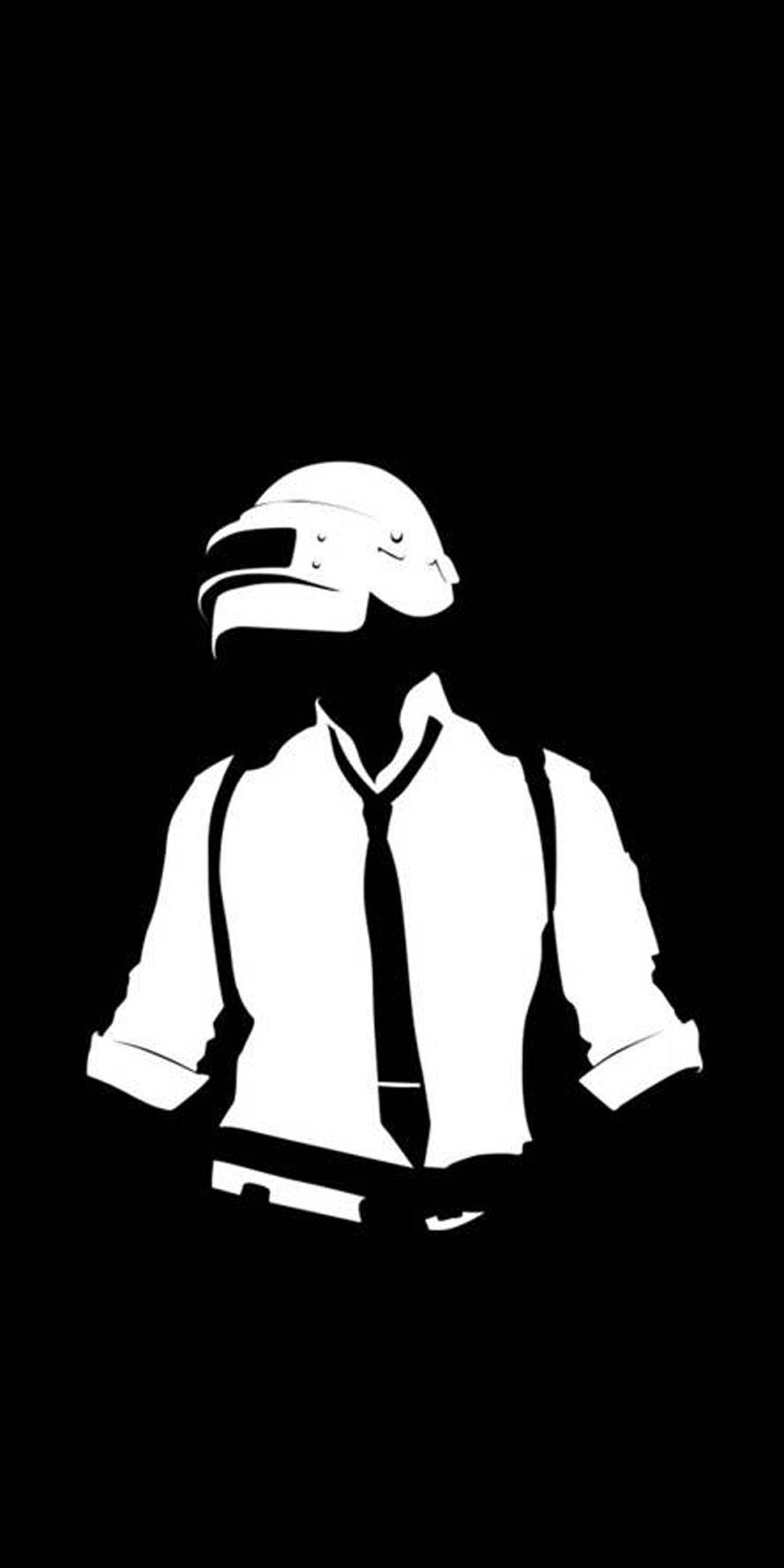 Pubg Logo 桌布 壁紙 — 一個戴著頭盔和套裝的人的鮮明白色剪影，站在純黑色背景前。