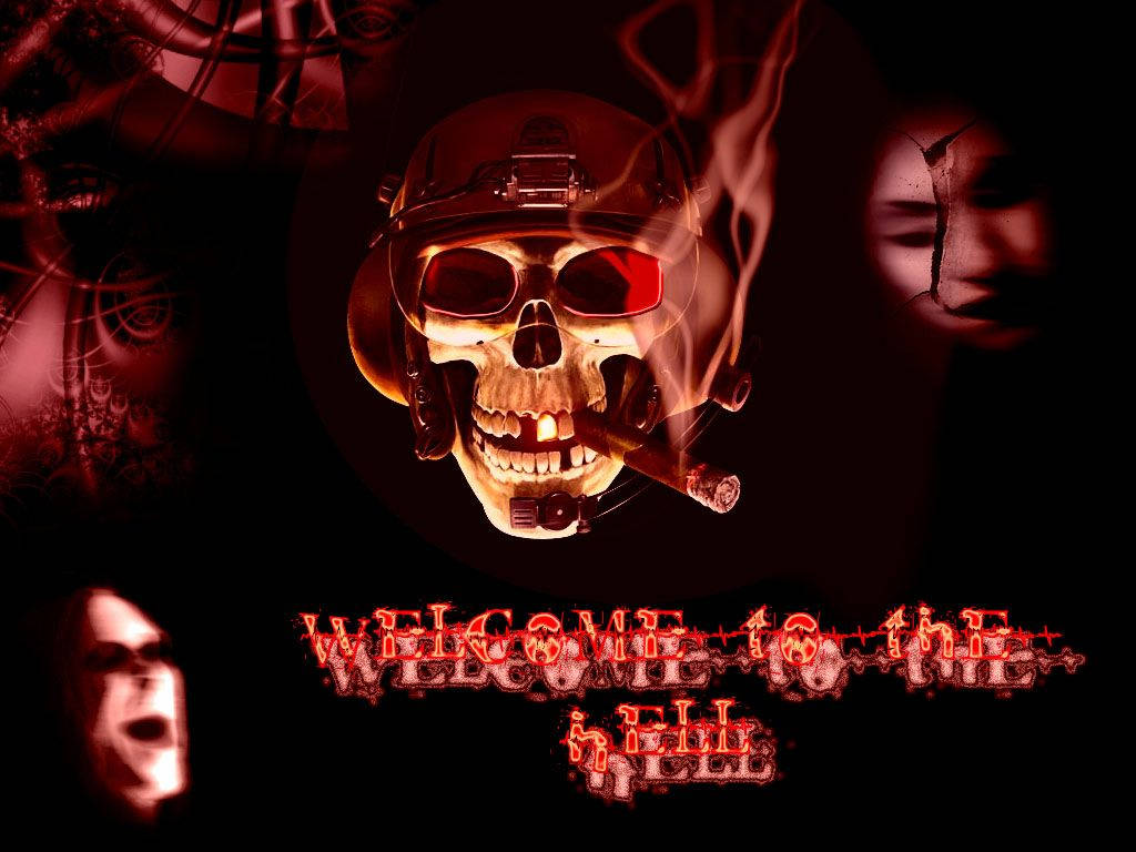 Welcome 桌布 壁紙 — 一個戴著頭盔和紅色護目鏡的可怕骷髏頭，在深紅色背景上抽著雪茄，周圍有鬼臉和火焰文字。