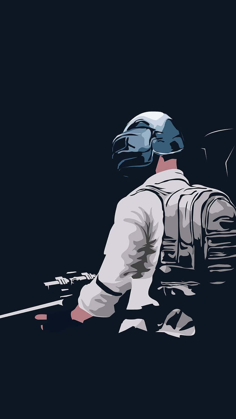 Pubg Android 桌布 壁紙 — 一個戴著頭盔和背心的風格化士兵，在黑暗背景下持步槍坐著。