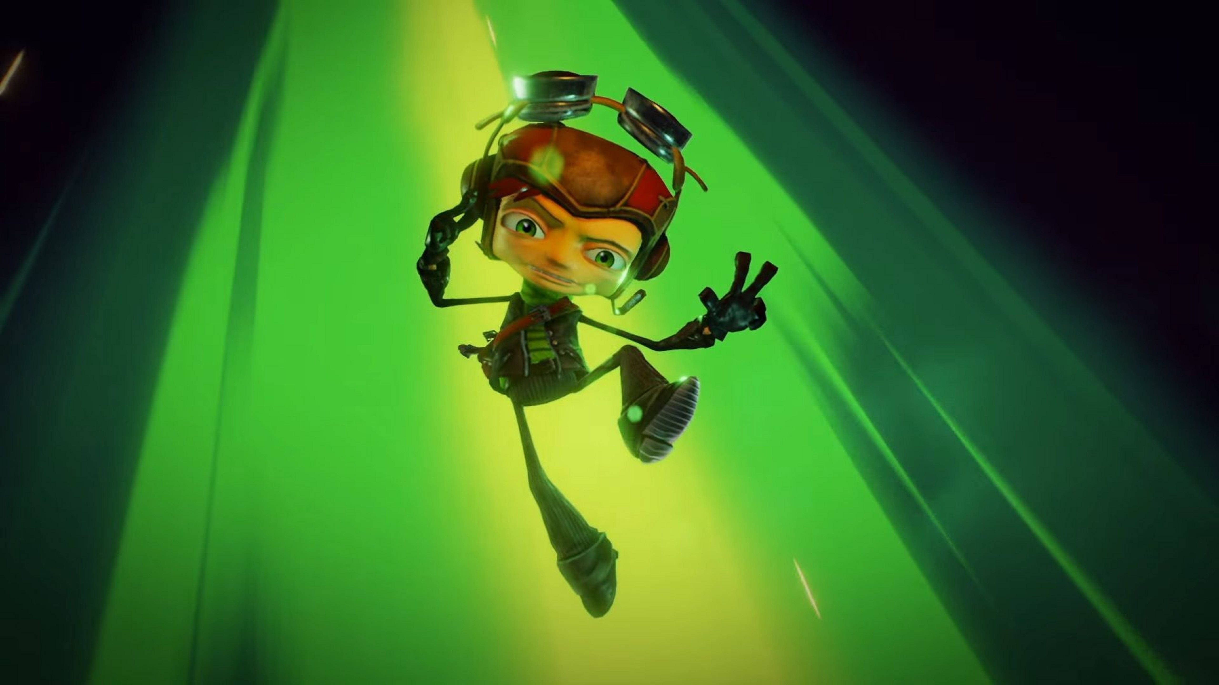 Psychonauts 桌布 壁紙 — 一個戴著頭盔和護目鏡的卡通角色，愉快地漂浮在充滿活力的綠色隧道中，揮動一隻手。