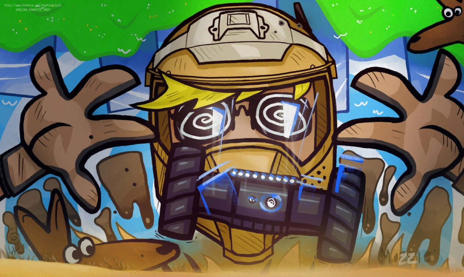 Rainbow Six Siege Mozzie 桌布 壁紙 — 一個戴著頭盔和護目鏡的卡通角色，在藍色和綠色背景前被棕色黏糊糊的手包圍。