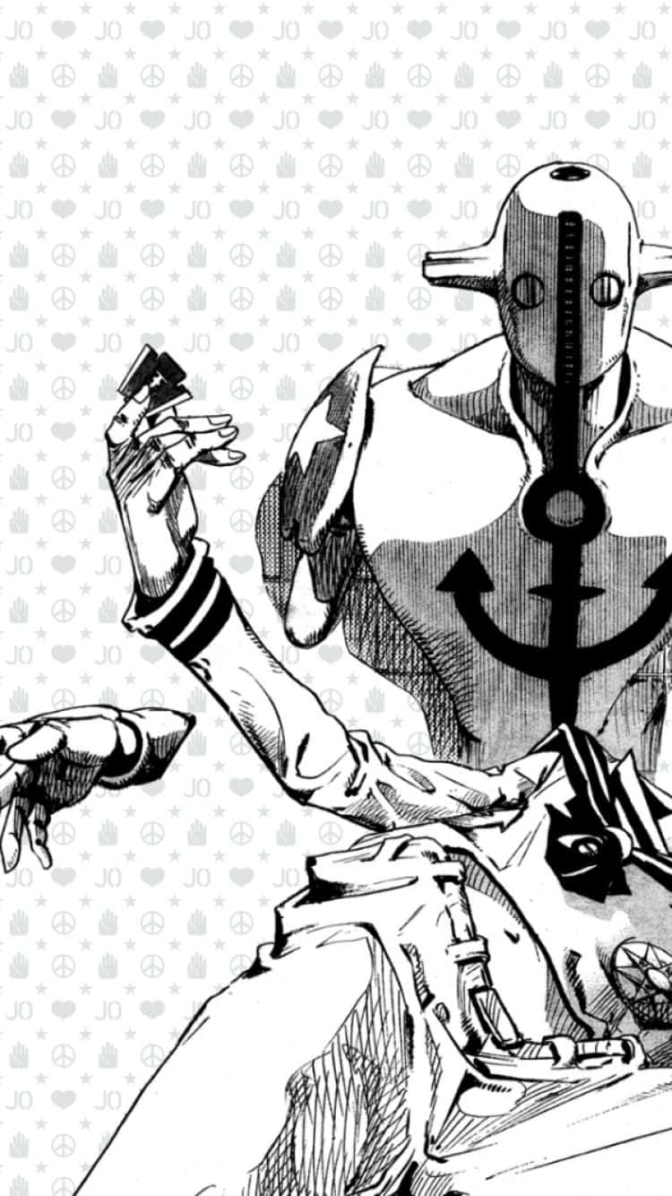 Stand 桌布 壁紙 — 一個戴著頭盔和錨符號的風格化漫畫角色在圖案背景前拿著卡片。