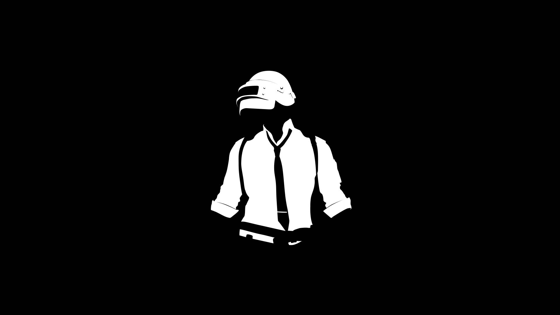 Pubg Black 桌布 壁紙 — 一個戴著頭盔和領帶的人物，其鮮明的白色剪影在純黑色背景中央站立。