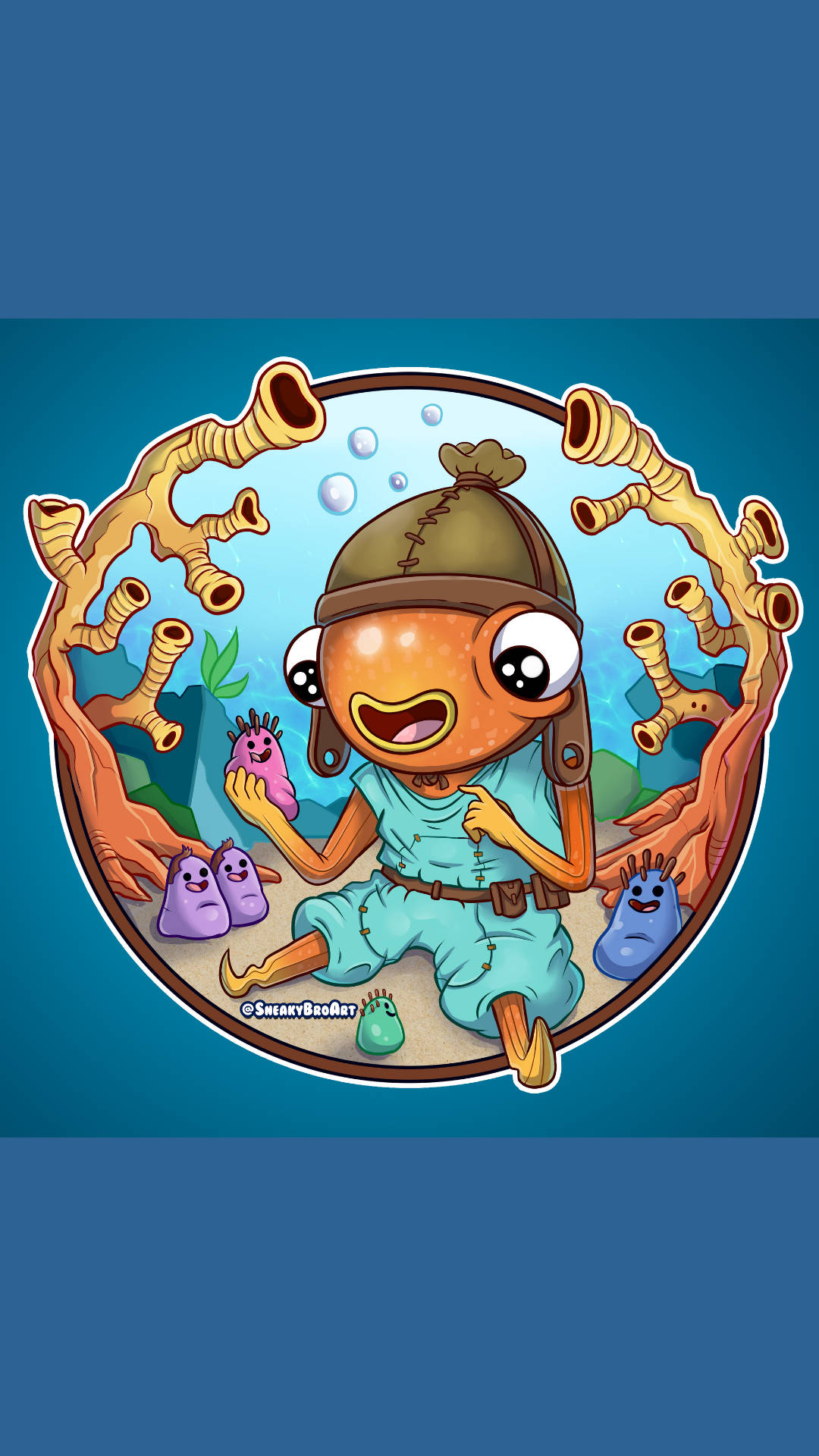Fishstick 桌布 壁紙 — 一個戴著頭盔的快樂橙色卡通潛水員微笑著，手持一個被珊瑚和氣泡包圍的粉紅色生物。