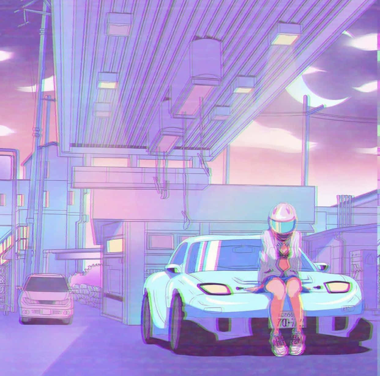 動漫女孩 桌布 壁紙 — 一個戴著頭盔的發光動漫女孩坐在一輛未來主義的汽車上，身處霓虹紫色天空下的賽博朋克小巷。