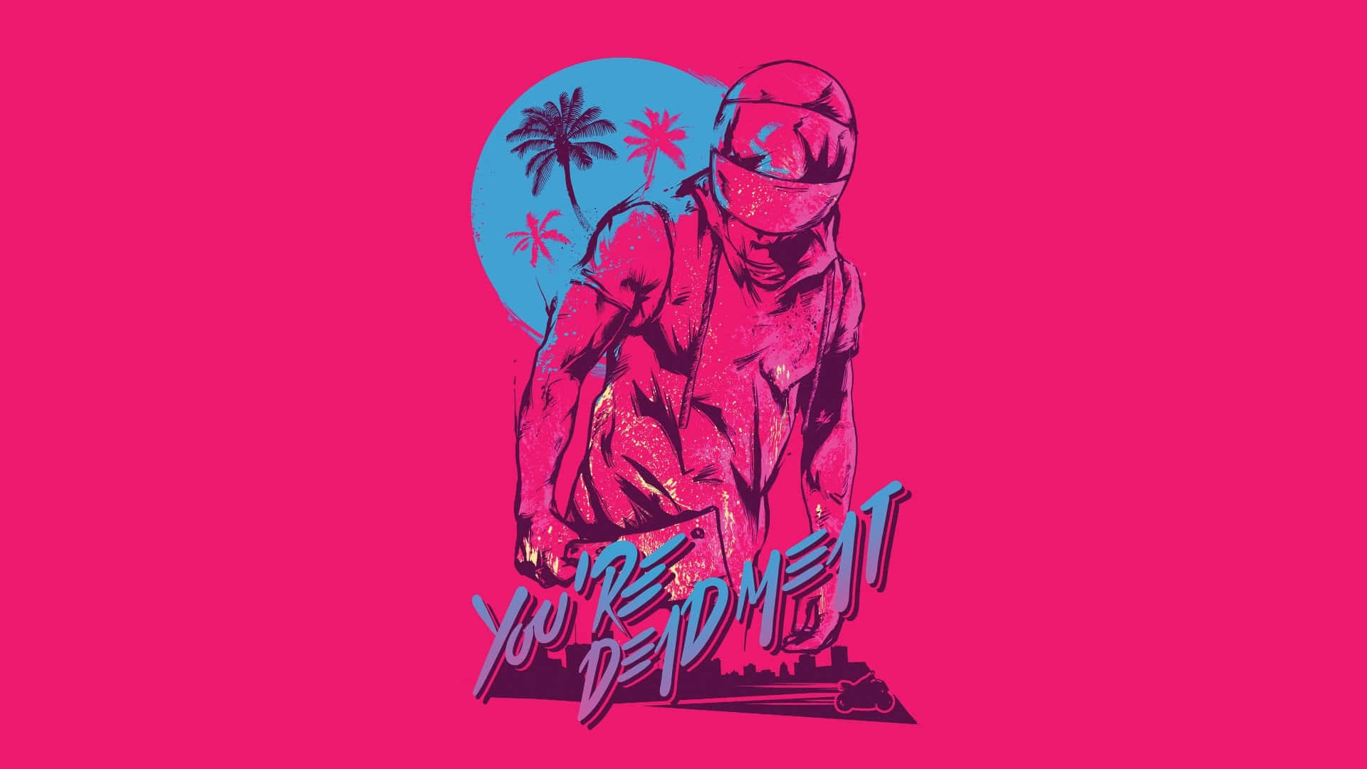 Hotline Miami 桌布 壁紙 — 一個戴著頭盔的風格化人物站在藍色月亮和棕櫚樹前，背景是充滿活力的粉紅色。