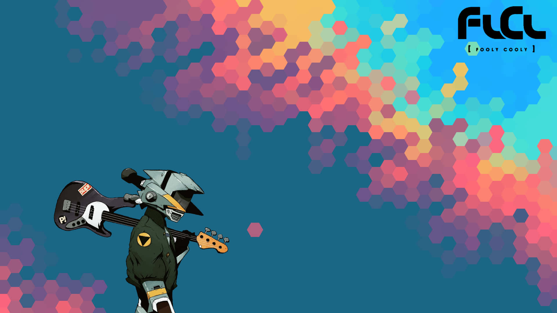 Flcl Canti 桌布 壁紙 — 一個戴著頭盔的風格化動漫角色，在充滿活力的六邊形色彩爆發背景中背著低音吉他。