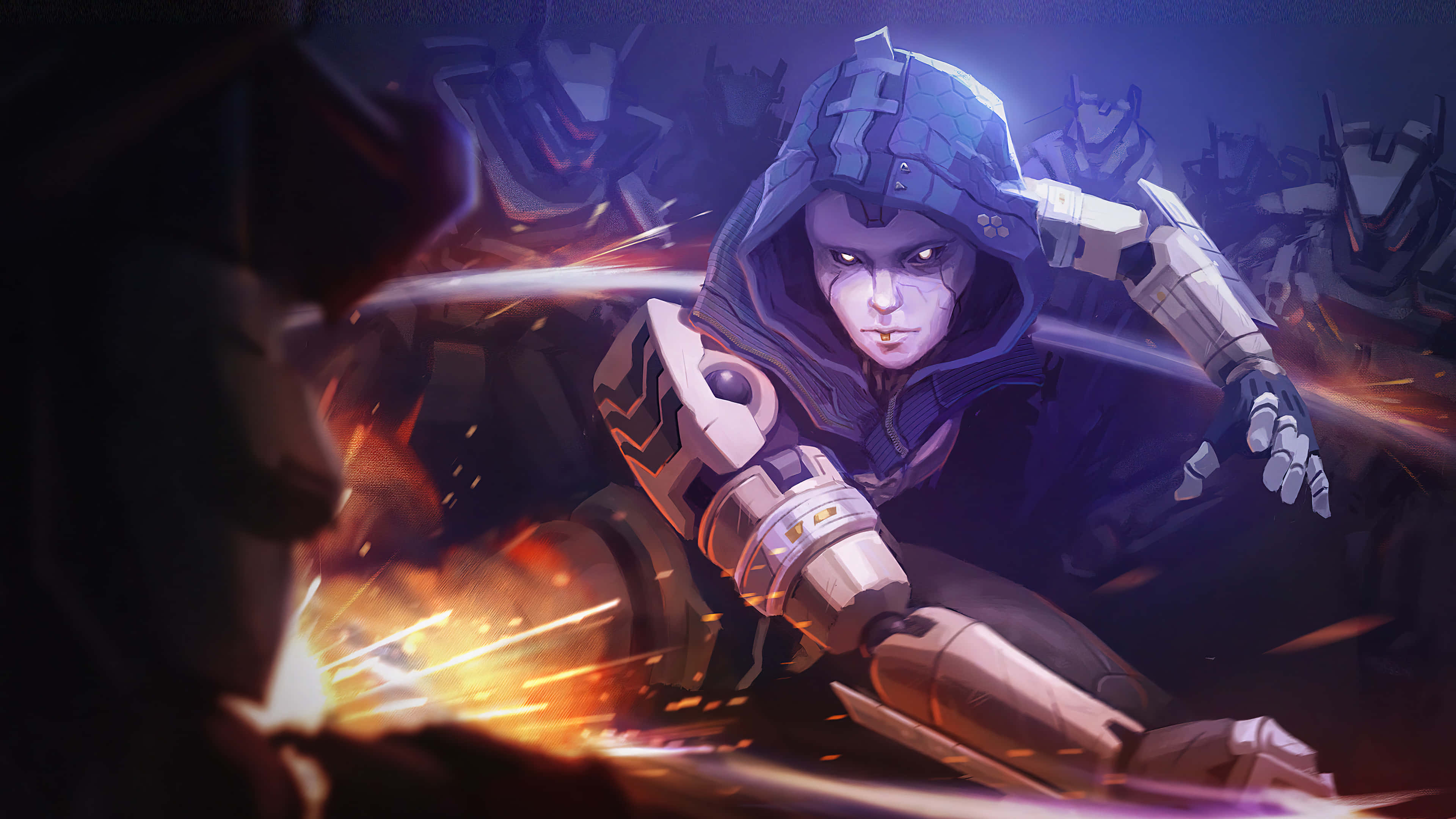 Apex Legends Characters 桌布 壁紙 — 一個戴著頭罩、擁有機械臂的戰士，在黑暗的天空下與陰影般的機械敵人進行激烈的戰鬥。