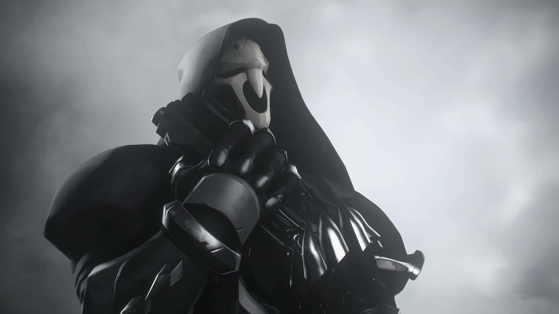 Death Stranding Desktop 桌布 壁紙 — 一個戴著頭罩、身穿黑色盔甲、戴著骷髏面具的人物，莊嚴地站在霧濛濛的灰色天空下。