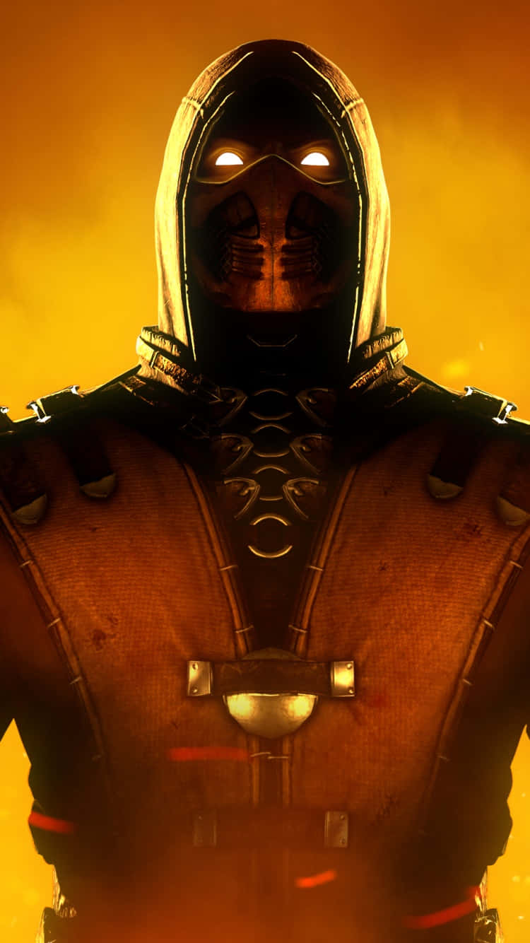 Mortal Kombat iPhone 桌布 壁紙 — 一個戴著頭罩的蒙面戰士，雙眼發光，身穿精細盔甲，站在火橙色背景前。
