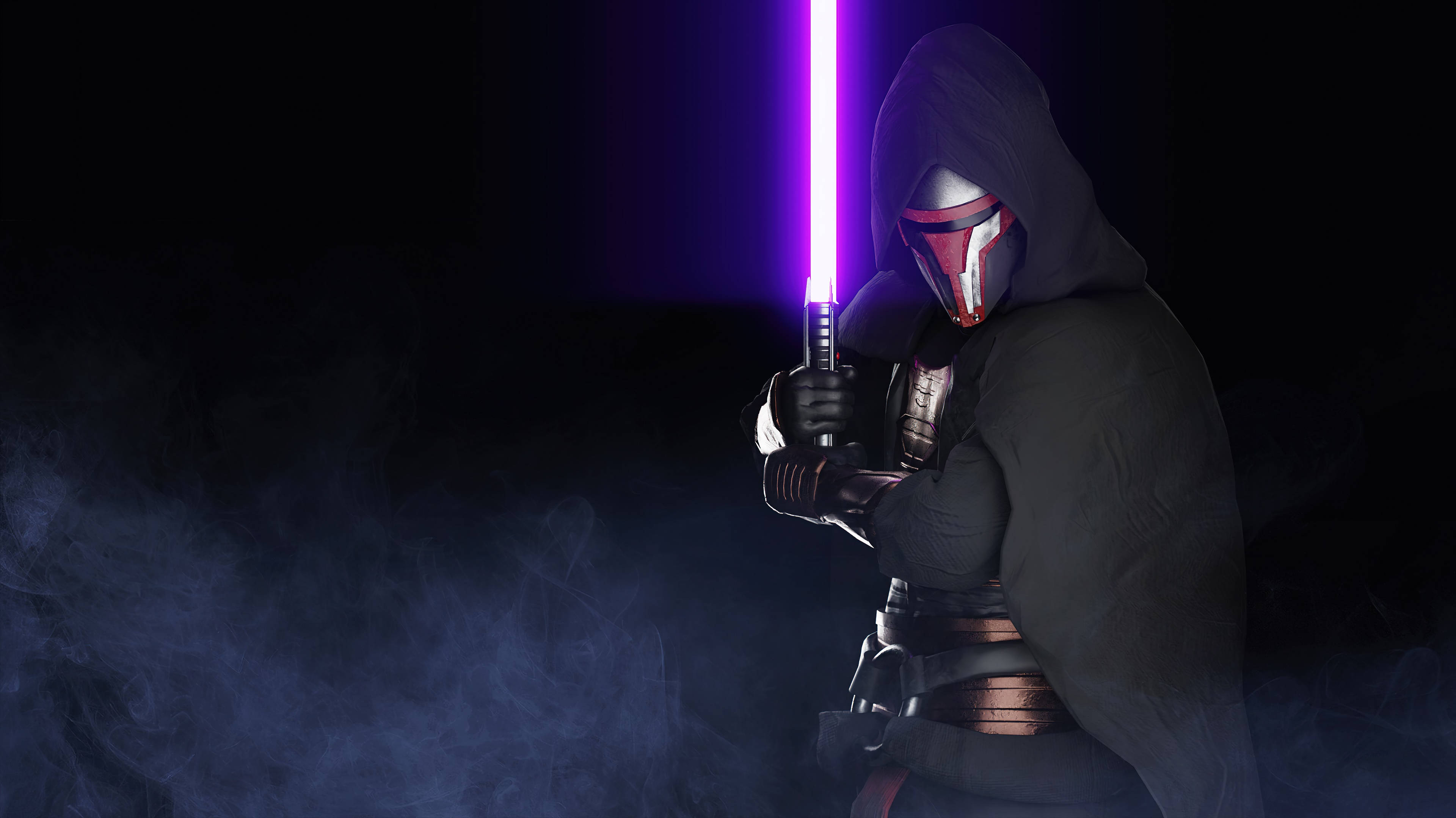 Lightsaber 桌布 壁紙 — 一個戴著頭罩的面具戰士站在黑暗迷霧中，手持發光的紫色光劍，背景為黑色。