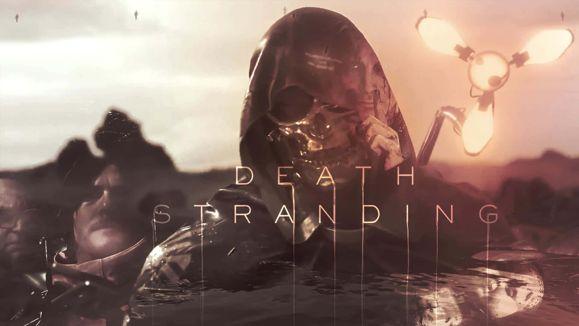 HD Death Stranding 桌布 壁紙 — 一個戴著頭骨面具的兜帽人物在發光的燈下涉水而過，身處荒涼的電影般景觀中。