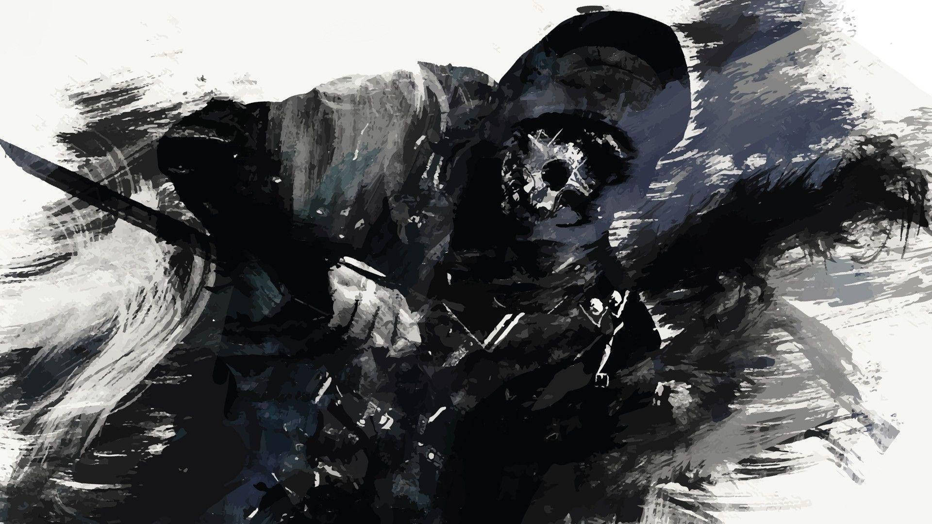 Dishonored 桌布 壁紙 — 一個戴著頭骨面具的兜帽戰士，在混亂的筆觸中揮舞著劍，風格 gritty 單色。
