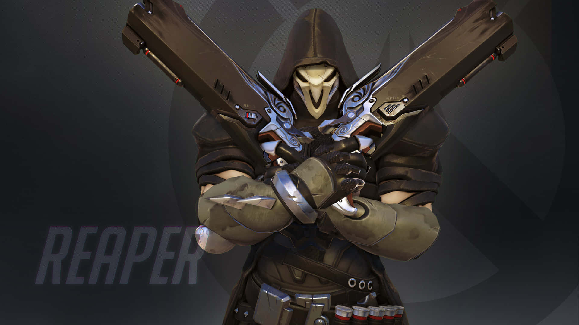 HD Overwatch 桌布 壁紙 — 一個戴著頭骨面具的蒙面刺客，在深色漸變背景前交叉握著兩把華麗的手槍。