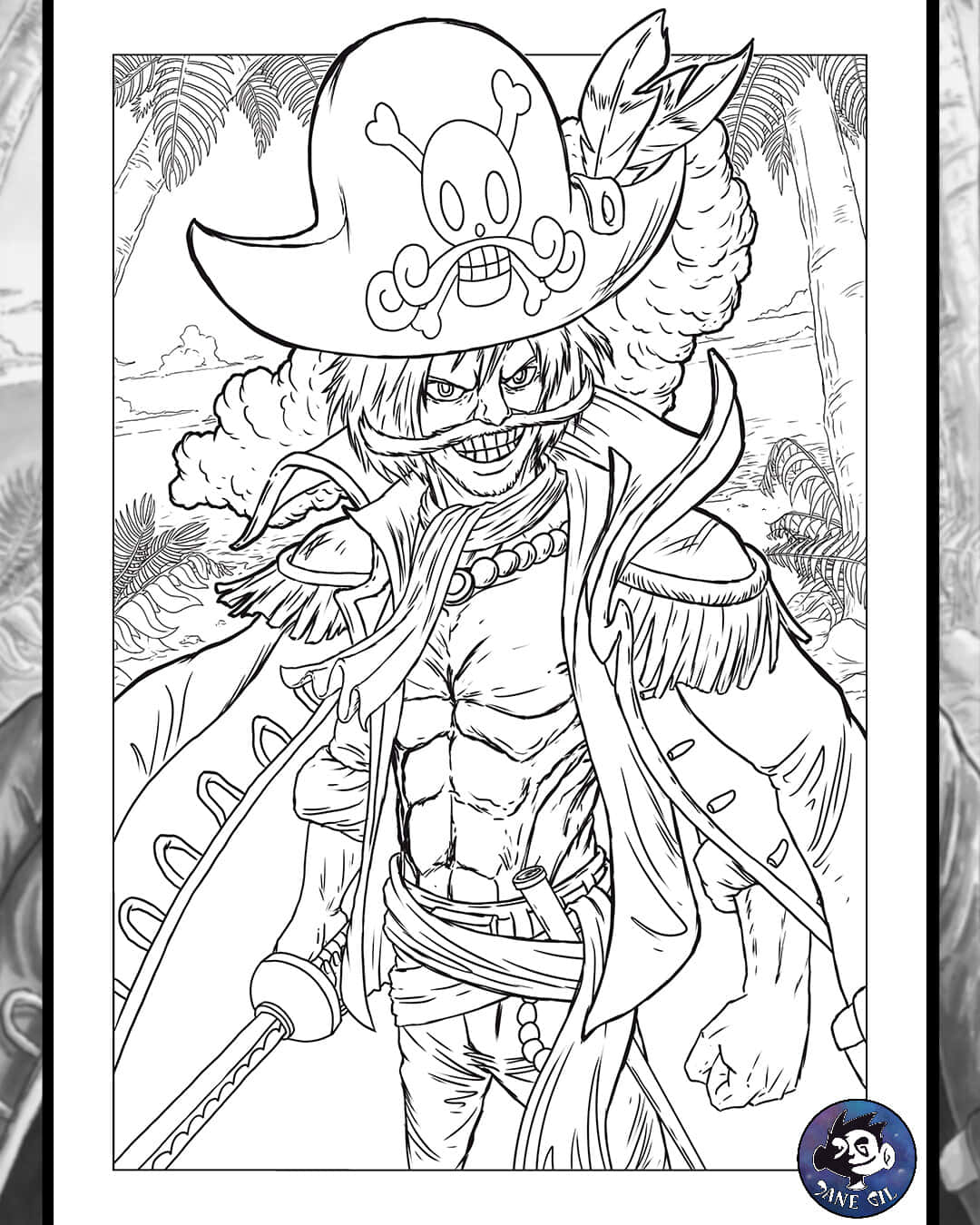King Of The Pirates 桌布 壁紙 — 一個戴著骷髏帽、手持劍的兇猛海盜，站在叢林環境中，以詳細的黑白線條藝術插圖呈現。