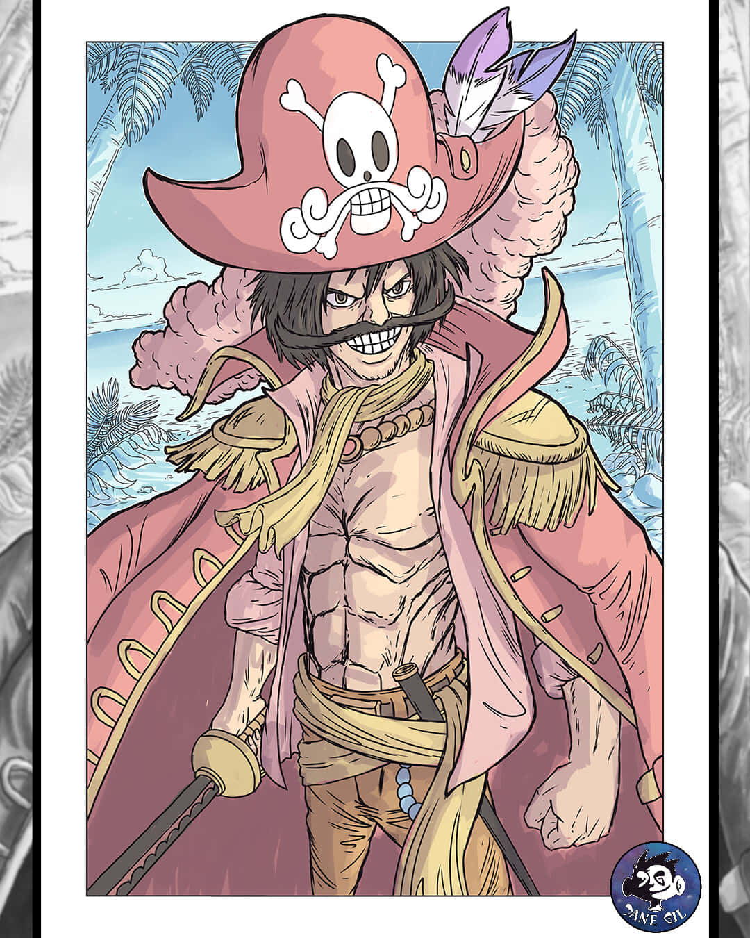 King Of The Pirates 桌布 壁紙 — 一個戴著骷髏帽和粉紅色外套的海盜，自信地站在熱帶海灘背景前，有棕櫚樹和海浪。