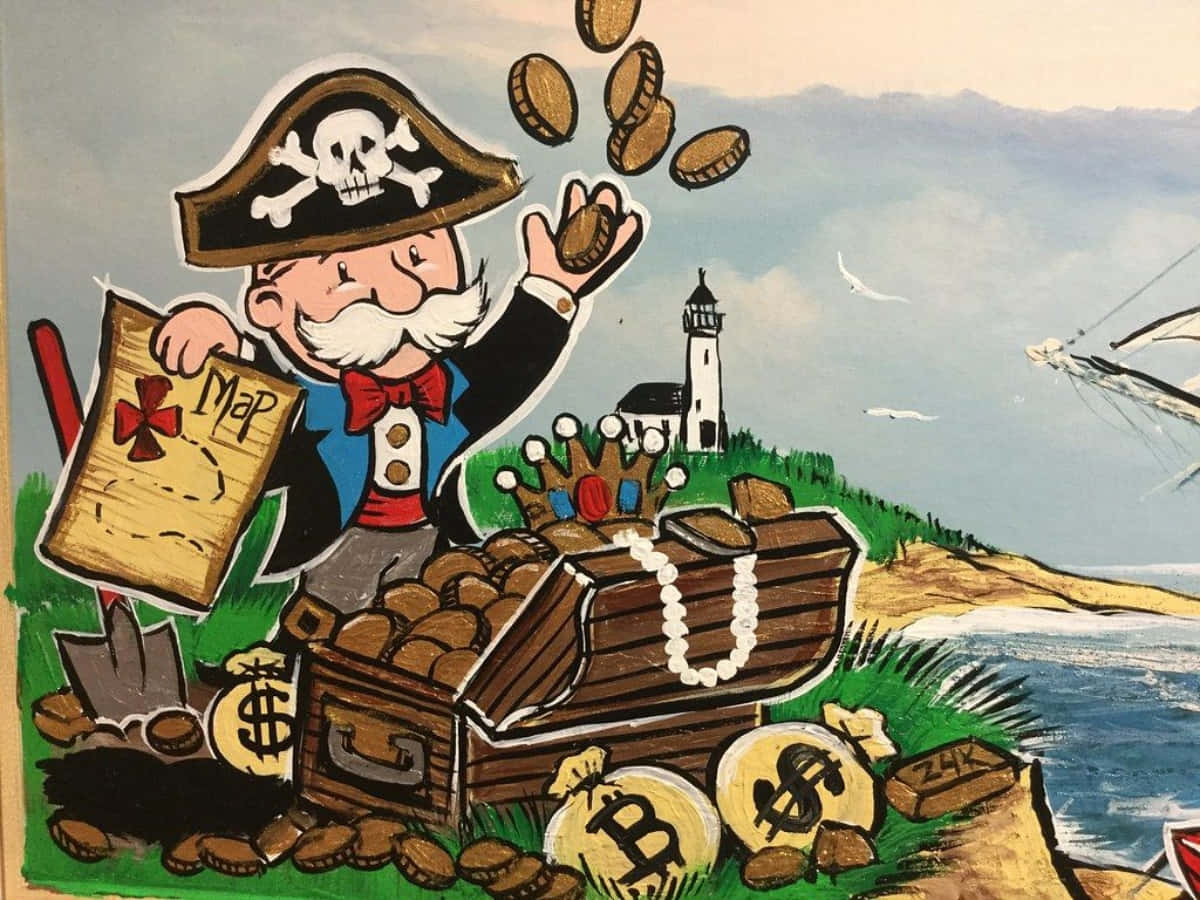 Monopoly Man 桌布 壁紙 — 一個戴著骷髏帽的卡通海盜在燈塔附近的岩石海岸上愉快地從寶箱中倒出金幣。