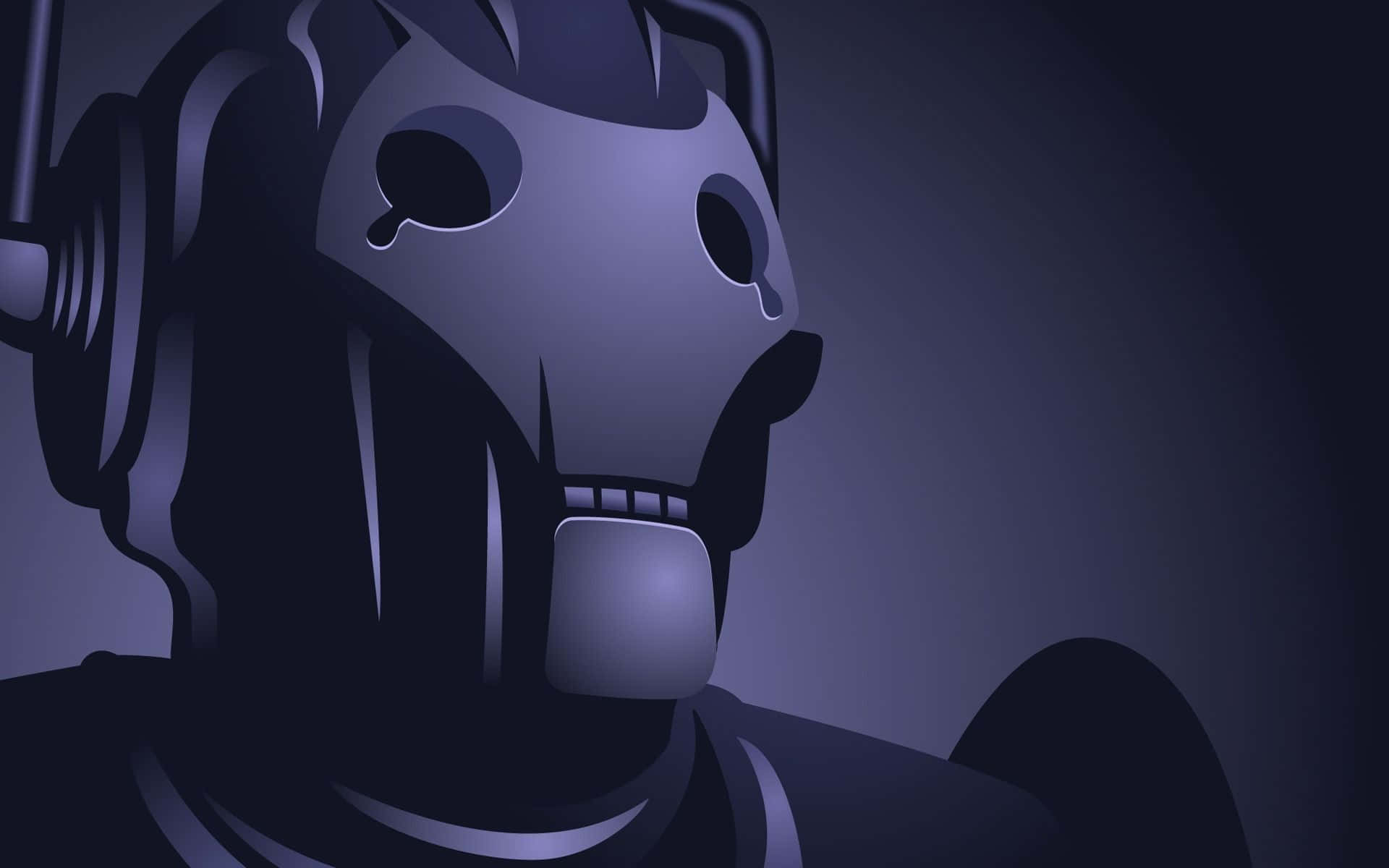 Cartoon Robot 桌布 壁紙 — 一個戴著骷髏狀頭盔的威脅性機械外星人在深紫色陰影中發光。