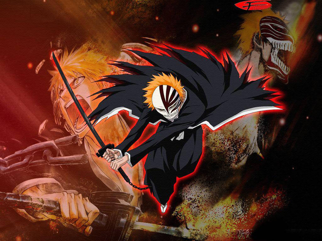 Bankai 桌布 壁紙 — 一個戴著骷髏面具、橙色尖刺頭髮的動態動漫戰士，在熾熱的紅黑戰鬥背景下，用發光的劍向前猛砍。