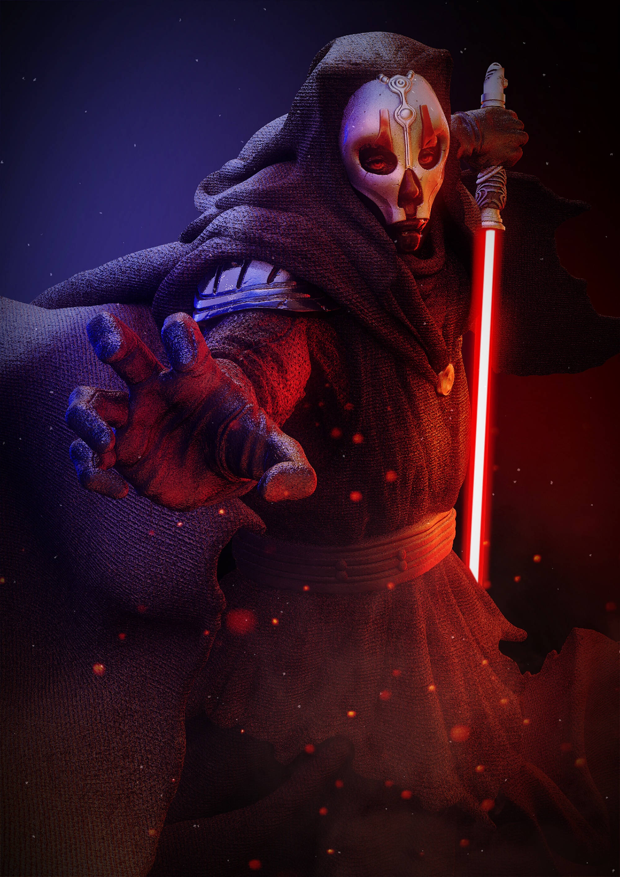Darth Nihilus 桌布 壁紙 — 一個戴著骷髏面具和紅色光劍的威脅性兜帽人物，在黑暗星空背景下伸出一隻發光的手。