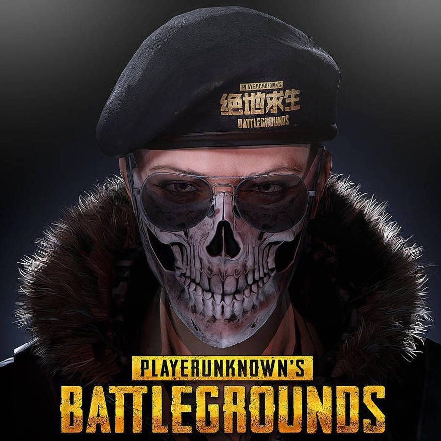絕地求生 桌布 壁紙 — 一個戴著骷髏面具和貝雷帽、帶有「PlayerUnknown's Battlegrounds」標誌的角色，在黑暗背景下凝視著。