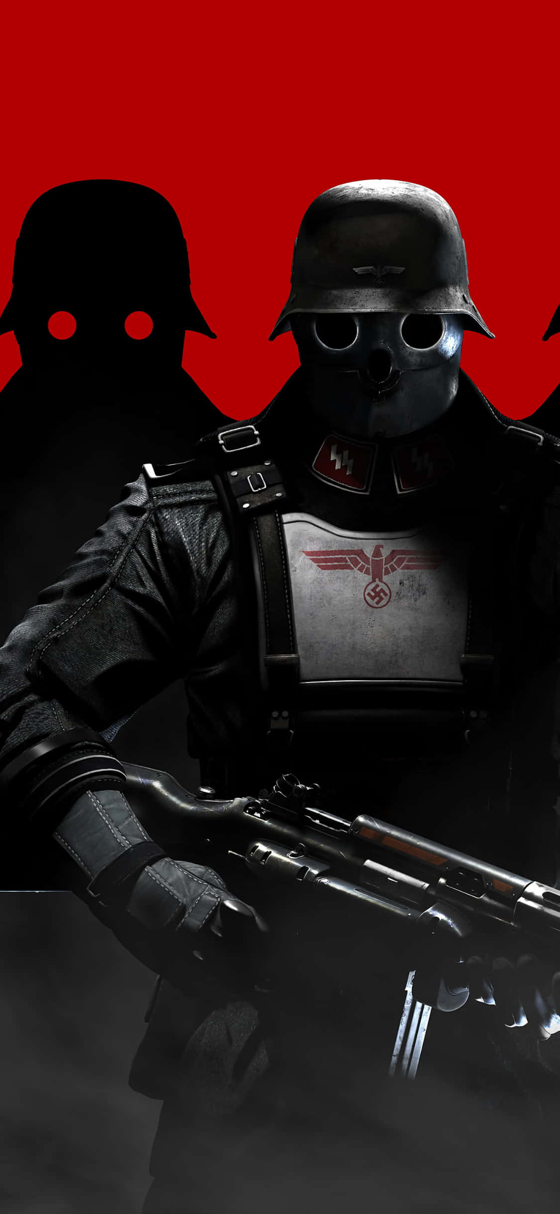 iPhone Xs Wolfenstein Ii 桌布 壁紙 — 一個戴著骷髏面具和鋼盔的威脅性士兵，在鮮紅色背景前持步槍，身後有陰影人物。