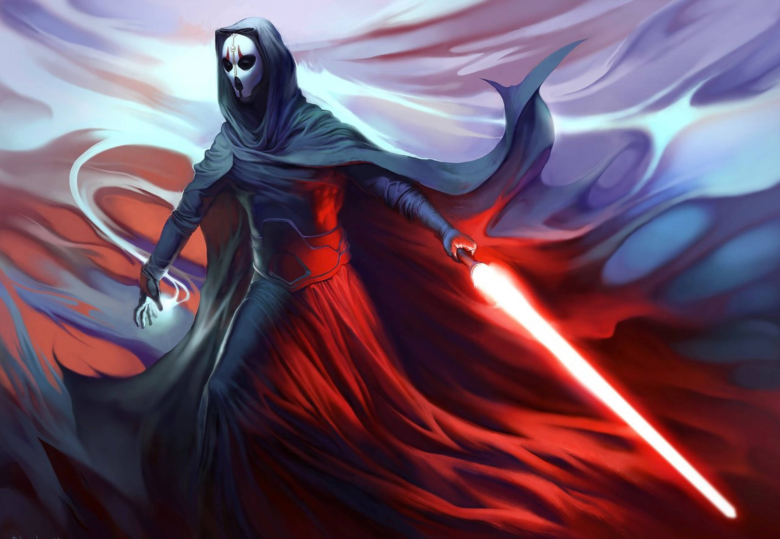 Darth Nihilus 桌布 壁紙 — 一個戴著骷髏面具的兜帽人物，在戲劇性的數位藝術作品中揮舞著發光的紅色光劍，對抗旋轉的宇宙能量。
