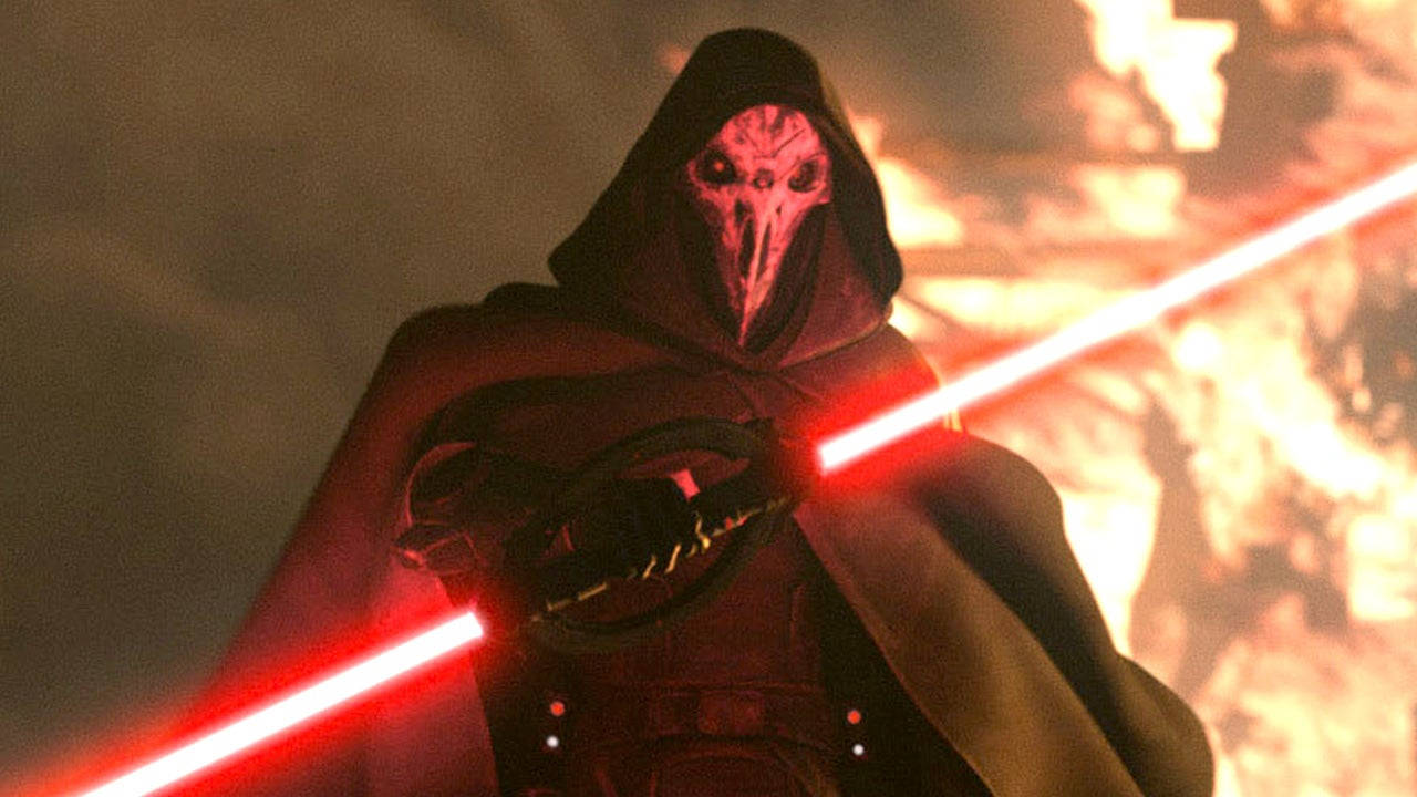 Jedi 桌布 壁紙 — 一個戴著骷髏面具的兜帽身影，在熾熱背景下揮舞著兩把紅色光劍。