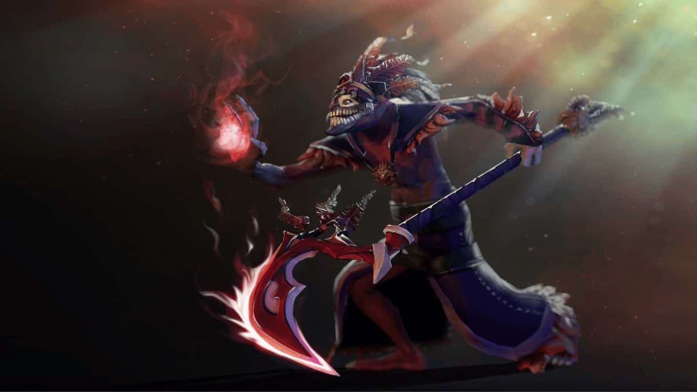 1366x768 Dota 2 桌布 壁紙 — 一個戴著骷髏面具的威脅性奇幻戰士，在黑暗背景下揮舞著發光的紅色鐮刀，光線戲劇性。