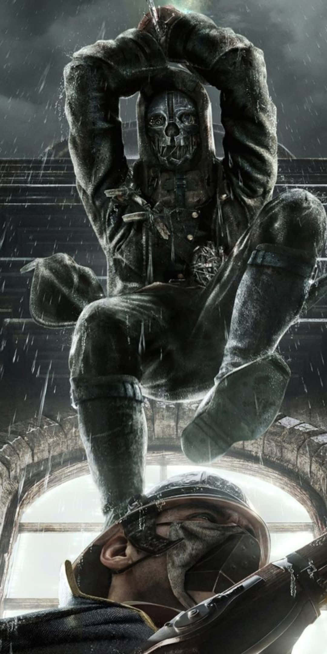 Pixel 3 Wolfenstein Ii 桌布 壁紙 — 一個戴著骷髏面具的巨型裝甲身影，在濕透的拱門下籠罩著一名士兵。