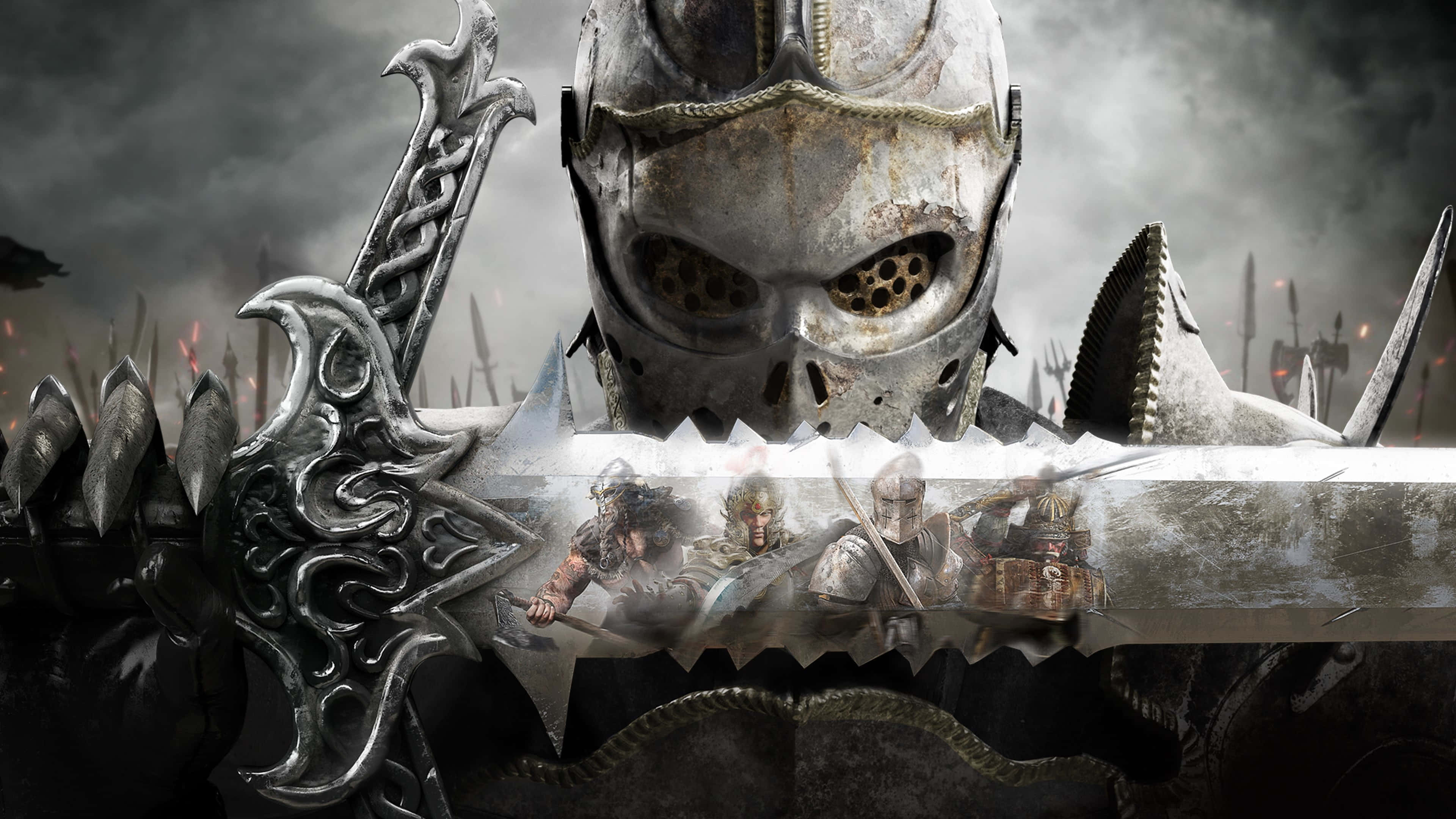For Honor 桌布 壁紙 — 一個戴著骷髏頭盔的 towering 裝甲戰士，在較小士兵的戰場上揮舞著一把巨大的華麗劍。