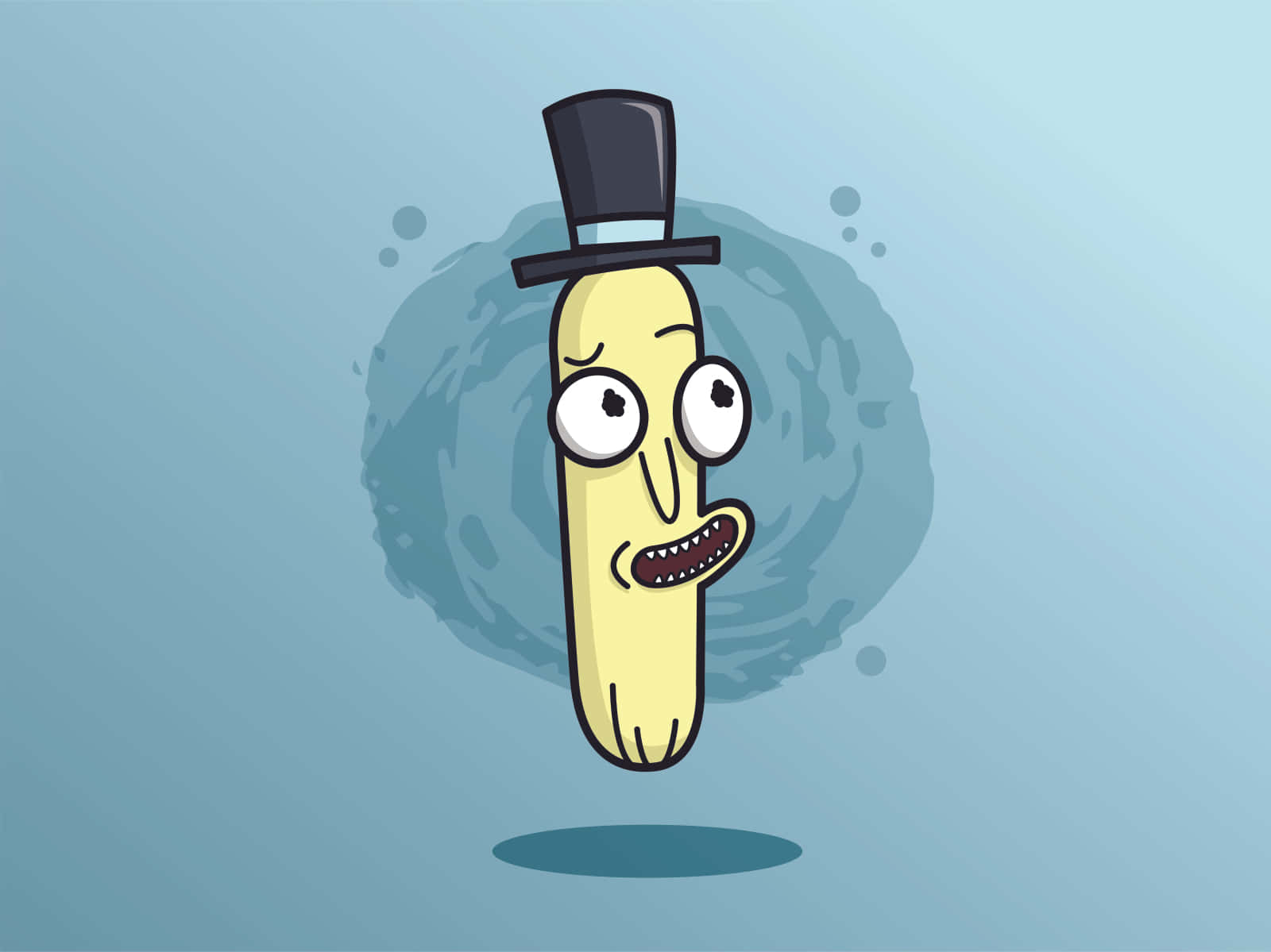 Mr Poopybutthole 桌布 壁紙 — 一個戴著高帽、咧嘴笑的卡通醃黃瓜漂浮在柔和的藍色漸變背景上。
