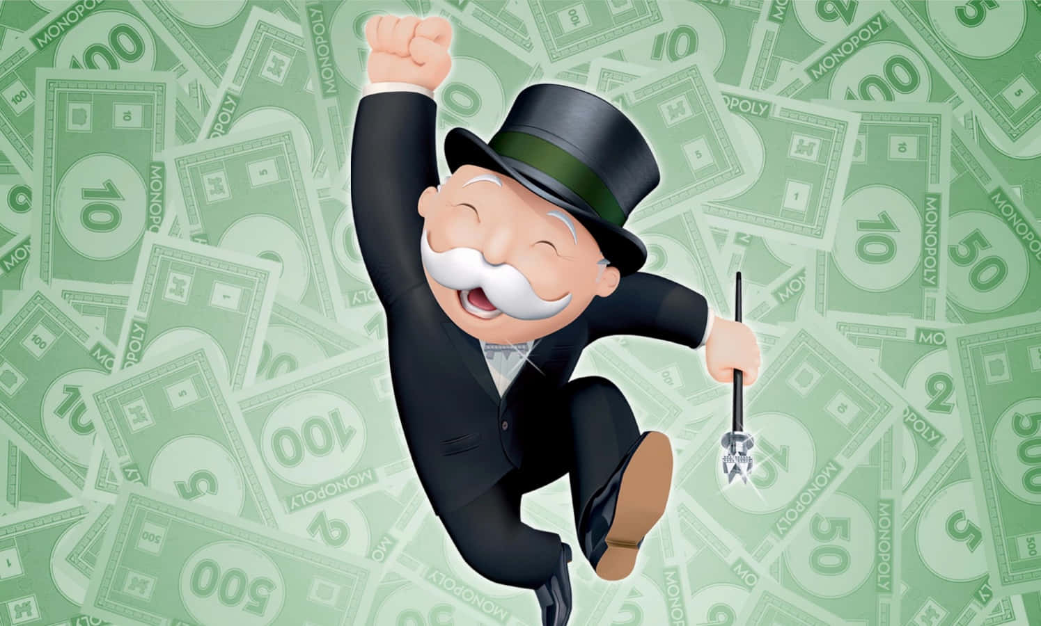 Monopoly Man 桌布 壁紙 — 一個戴著高帽、喜氣洋洋的大富翁角色，在綠色大富翁鈔票雨中勝利地跳躍。