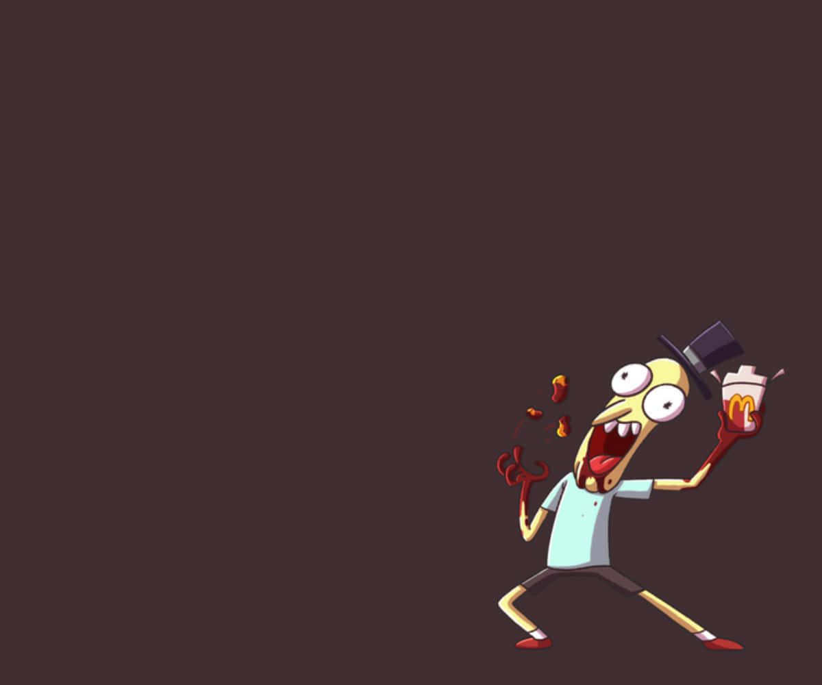 Mr Poopybutthole 桌布 壁紙 — 一個戴著高帽、身穿淺藍色襯衫的卡通角色，在深棕色背景前快樂地跳舞，同時手持麥當勞飲料杯。