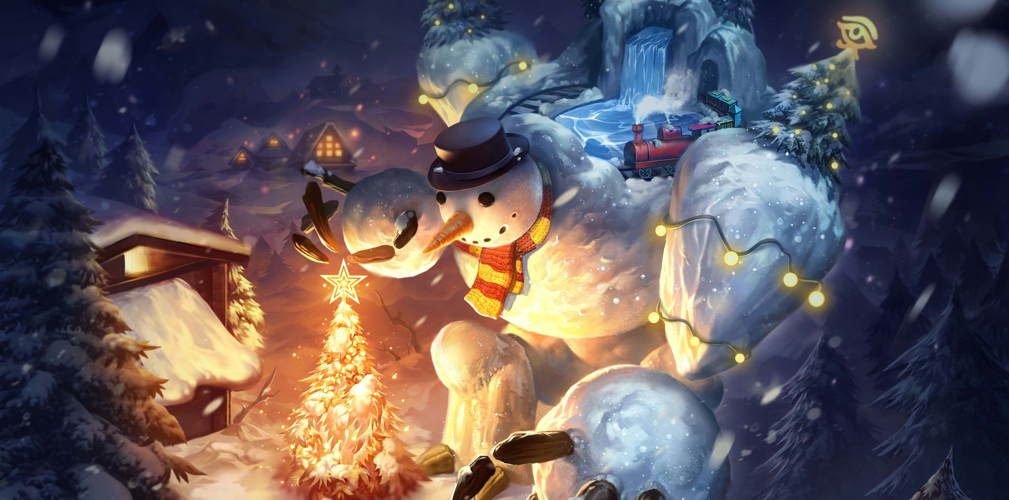 聖誕樹動畫 桌布 壁紙 — 一個戴著高帽和圍巾的巨型雪人，在夜晚溫暖地點亮雪村中一棵閃閃發光的聖誕樹。