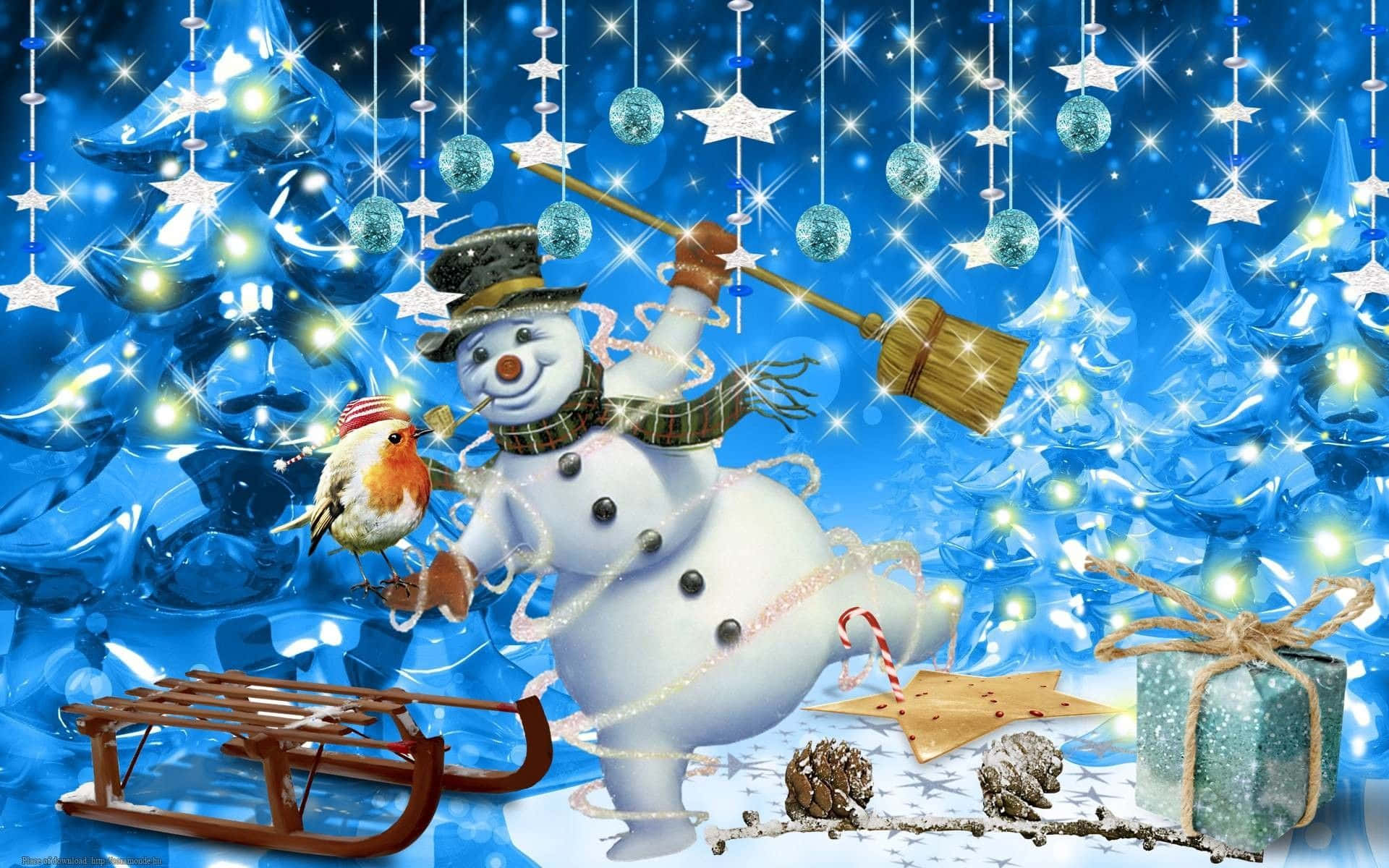 Christmas Snowman 桌布 壁紙 — 一個戴著高帽和圍巾的快樂雪人拿著掃帚，一隻知更鳥棲息在他旁邊，背景是閃爍的藍色聖誕背景。